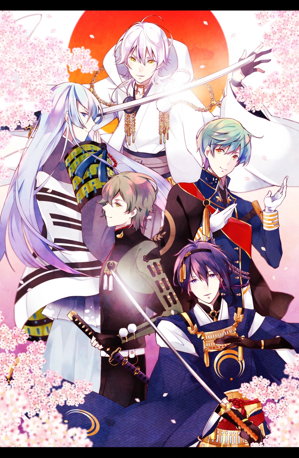 gigatera05 ichigo_hitofuri japanese_clothes kousetsu_samonji male mikazuki_munechika sword touken_ranbu tsurumaru_kuninaga uguisumaru uniform