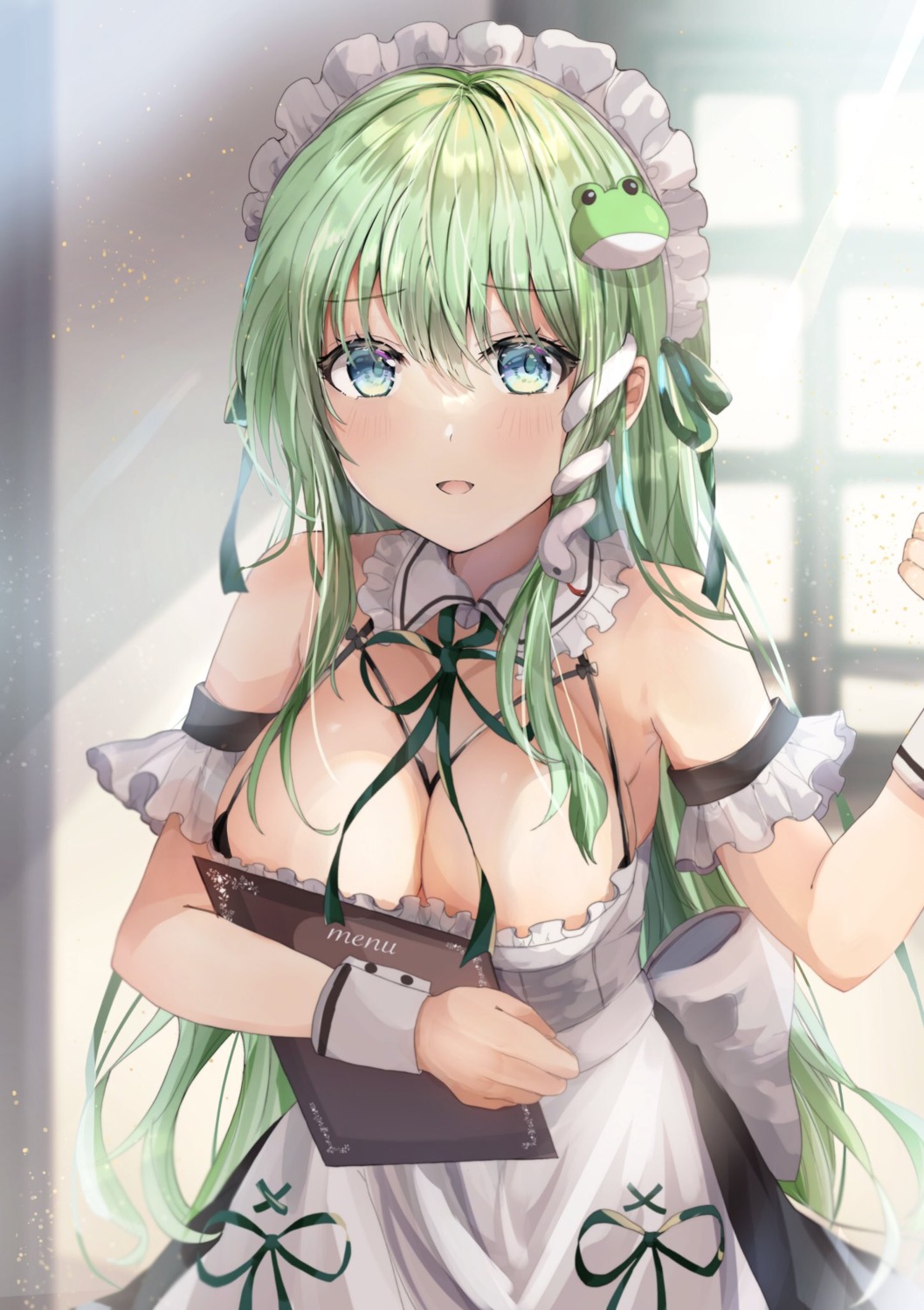 kochiya_sanae maid maruro no_bra touhou waitress