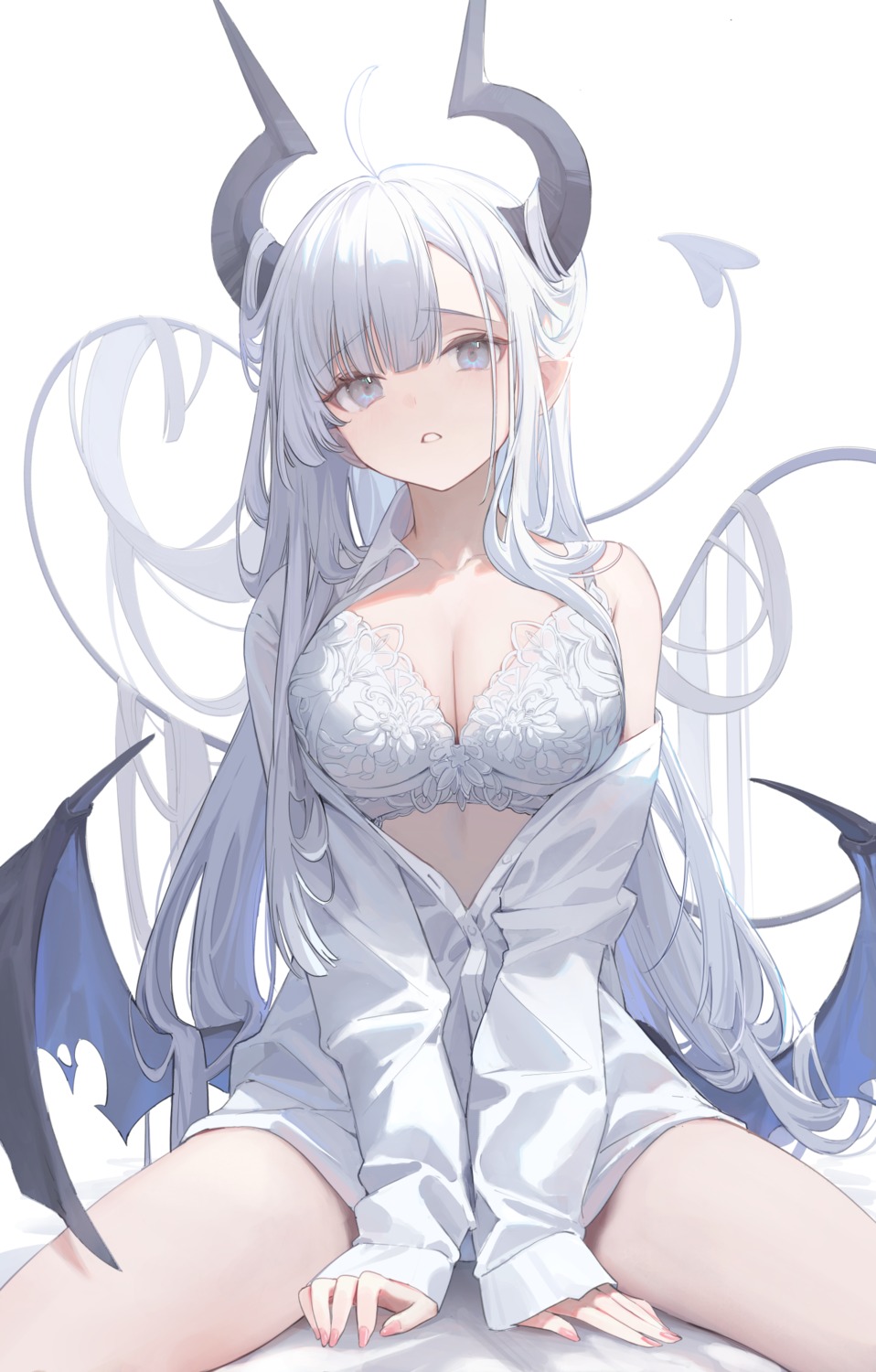 bra dress_shirt horns nekojira open_shirt pointy_ears tail thea_(nekojira) wings