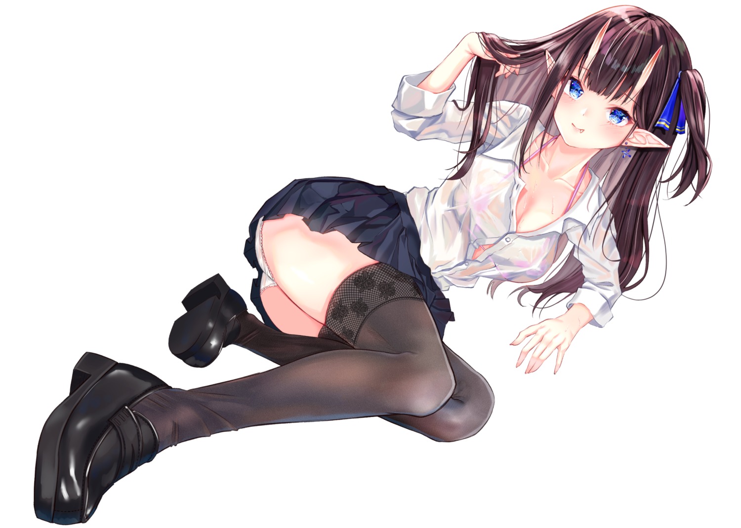 bra horns nanashi_(74_nanashi) pantsu pointy_ears see_through seifuku skirt_lift thighhighs wet_clothes