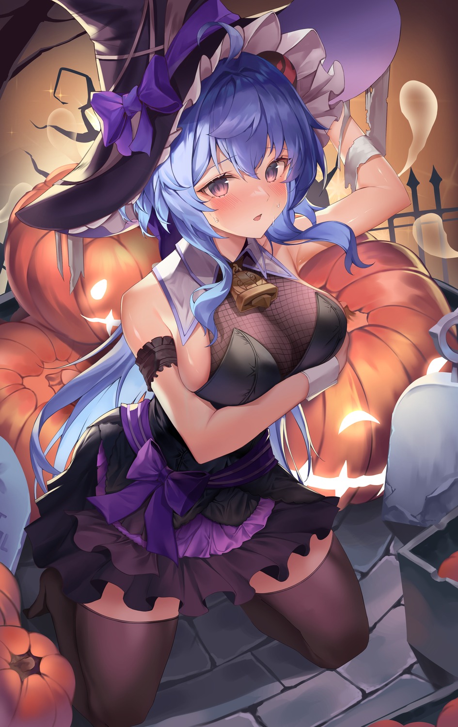 bandages breast_hold dress fishnets ganyu genshin_impact halloween horns no_bra pengrani see_through thighhighs witch