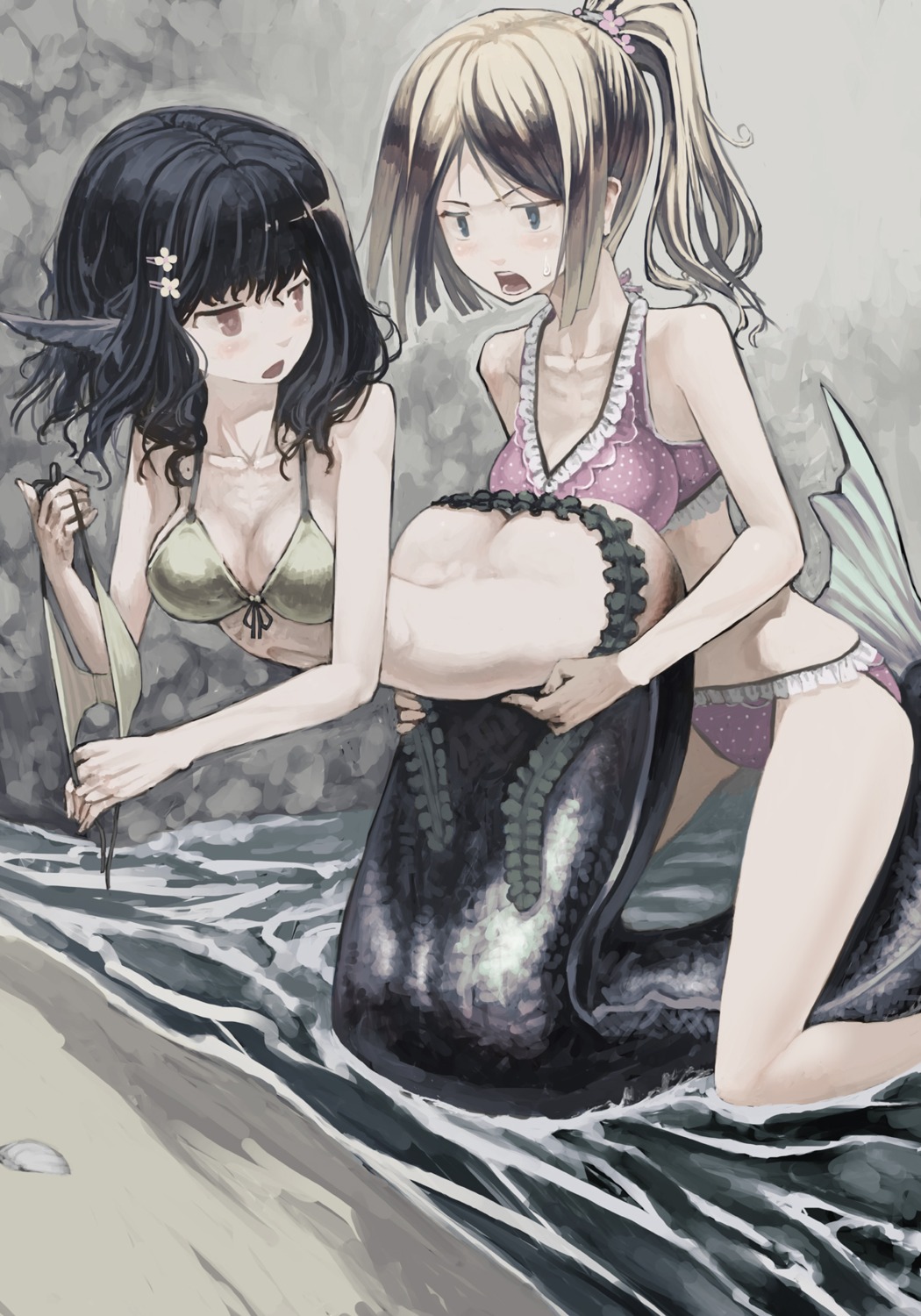 bikini bikini_top bottomless cleavage mermaid monster_girl swimsuits tail tefec wet yuri