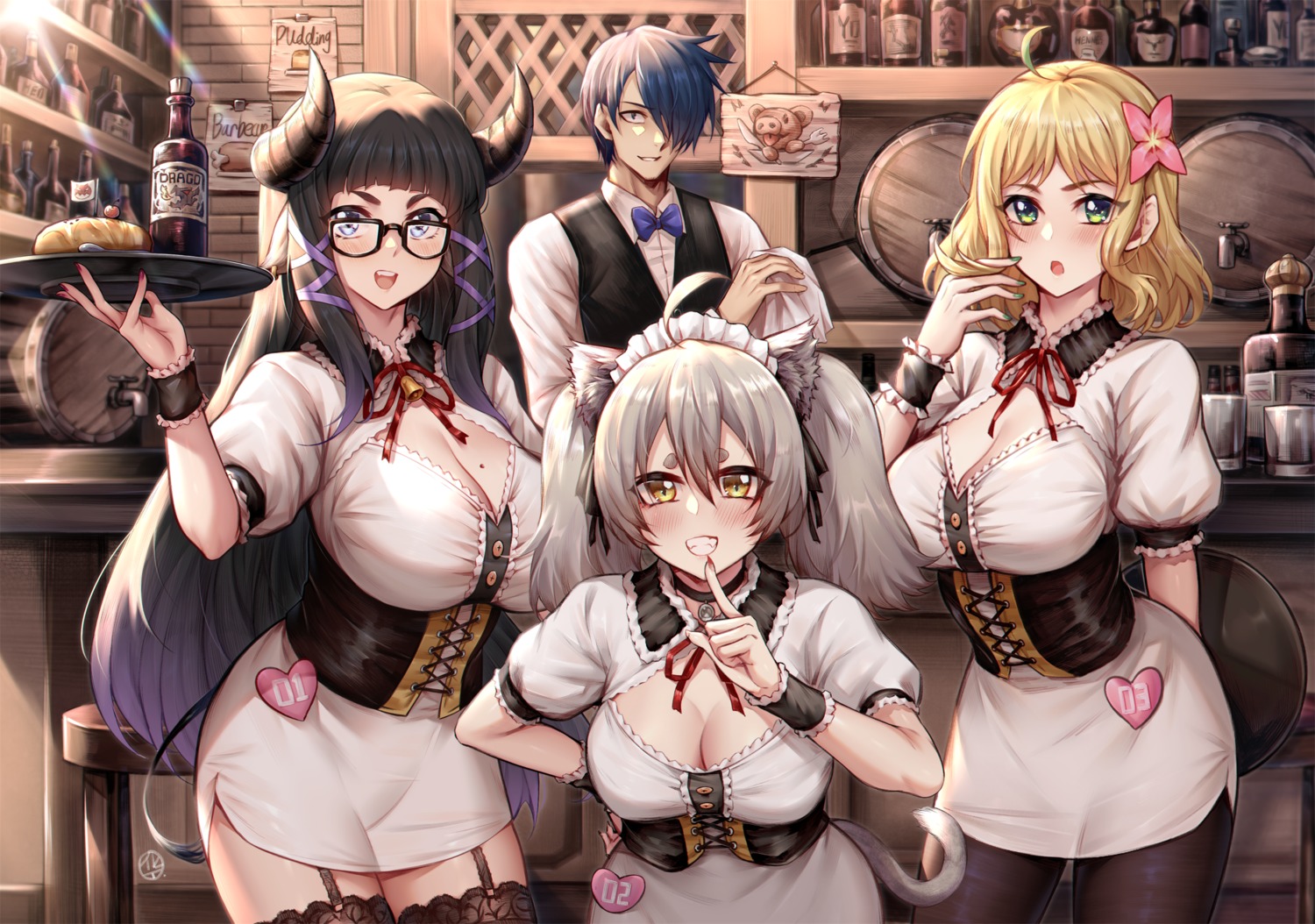 animal_ears cleavage horns hua-j megane pantyhose stockings tail thighhighs waitress