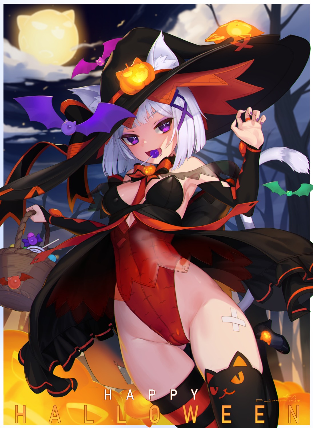 animal_ears bandaid cameltoe halloween heels leotard nekomimi no_bra pjman tail thighhighs witch