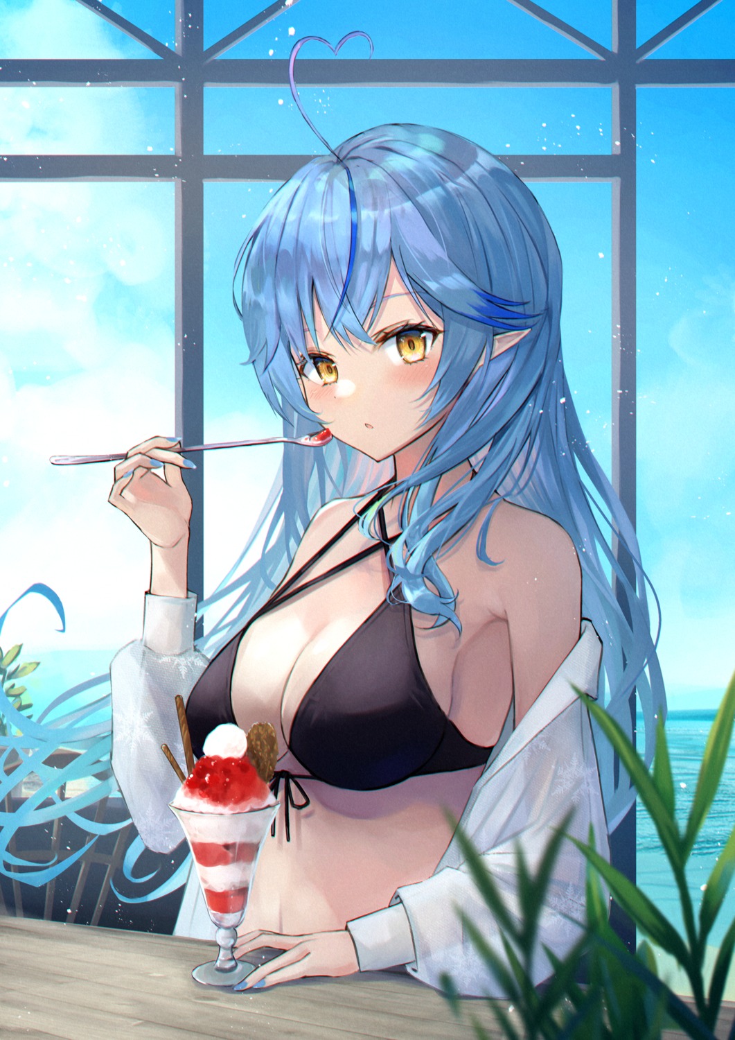 bikini_top elf hololive open_shirt pointy_ears see_through swimsuits xyunx yukihana_lamy