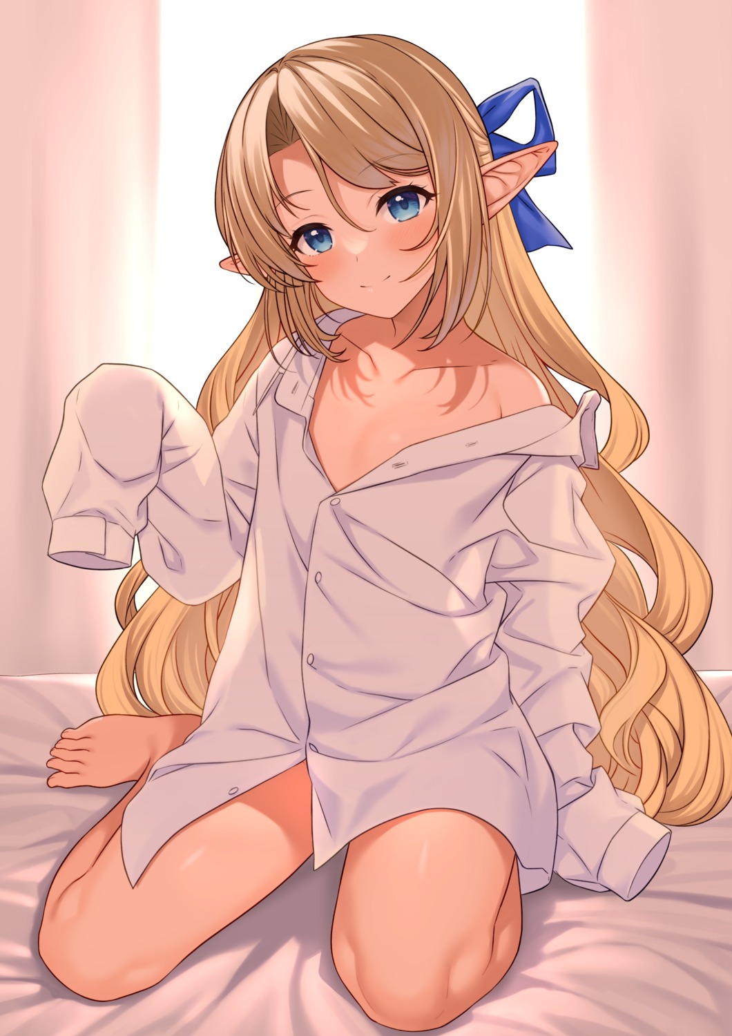 dress_shirt elf enjo_kouhai iris_tia_aederlinde no_bra open_shirt pointy_ears takunomi