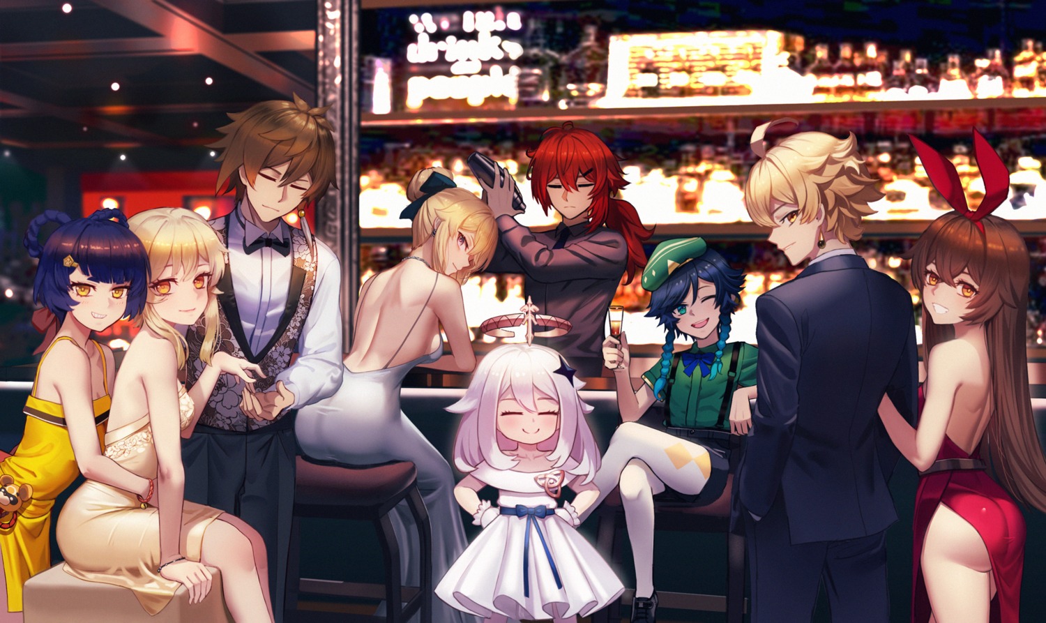 aether amber_(genshin_impact) ass business_suit diluc dress freze genshin_impact jean_(genshin_impact) lumine no_bra paimon pantyhose venti xiangling zhongli