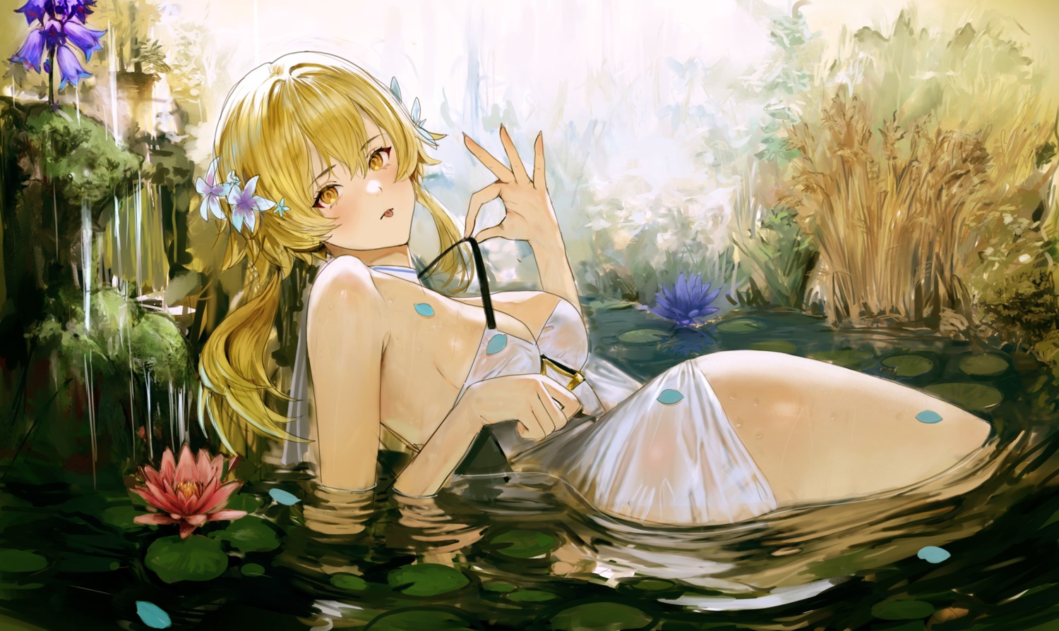 ah_(pixiv62888100) genshin_impact lumine no_bra see_through undressing wet wet_clothes