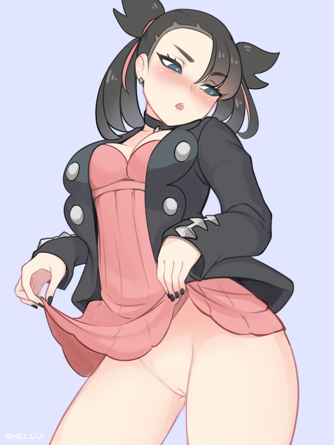 cleavage dress mary_(pokemon) nopan pokemon pokemon_sword_and_shield pussy shellvi skirt_lift uncensored