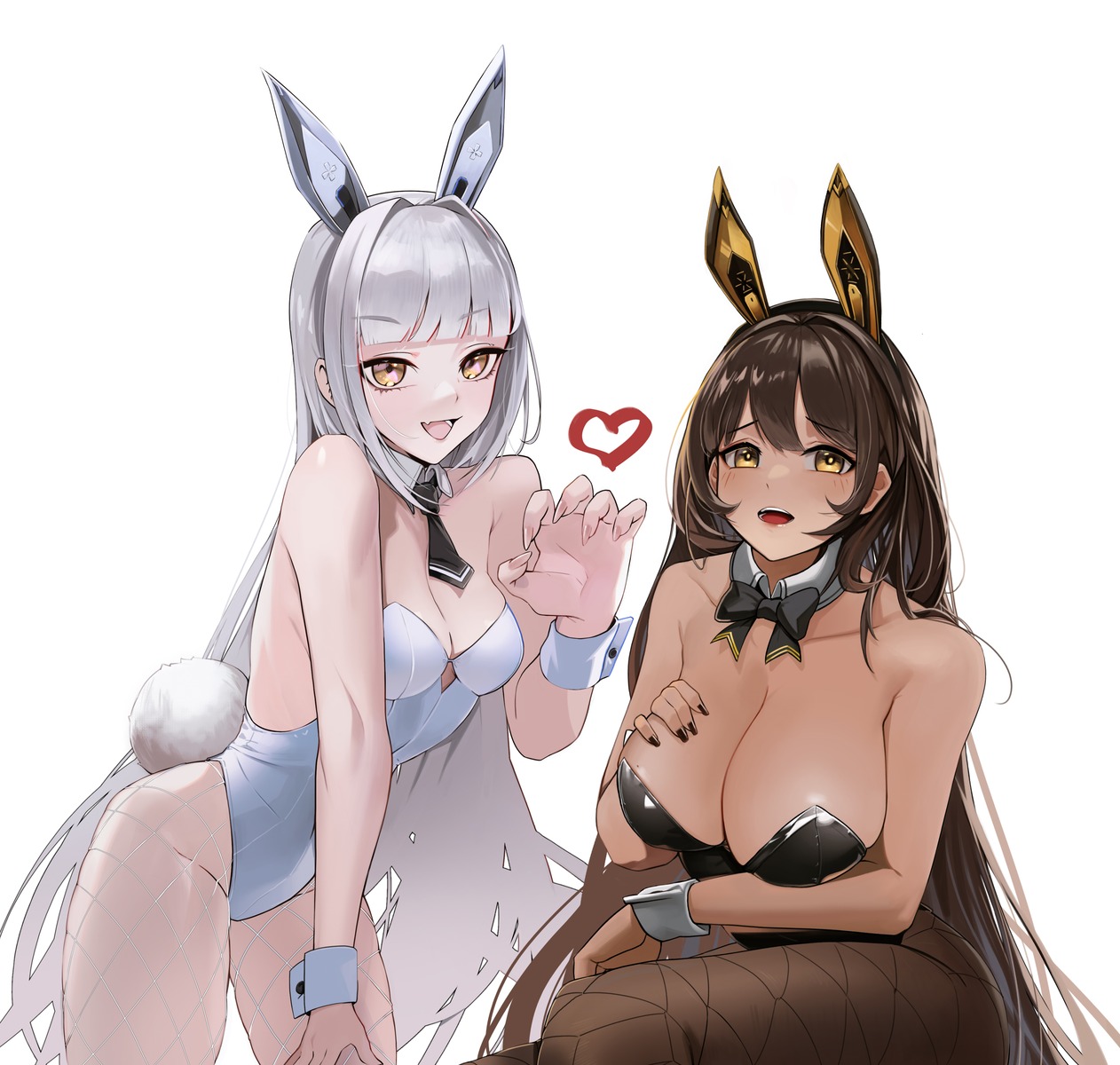 animal_ears anizi blanc_(nikke) bunny_ears bunny_girl fishnets goddess_of_victory:_nikke no_bra noir_(nikke) pantyhose tail