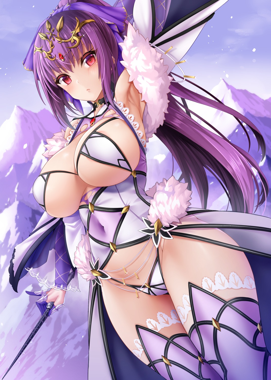 areola breasts fate/grand_order oni-noboru scathach_(fate/grand_order) scathach_skadi sword thighhighs