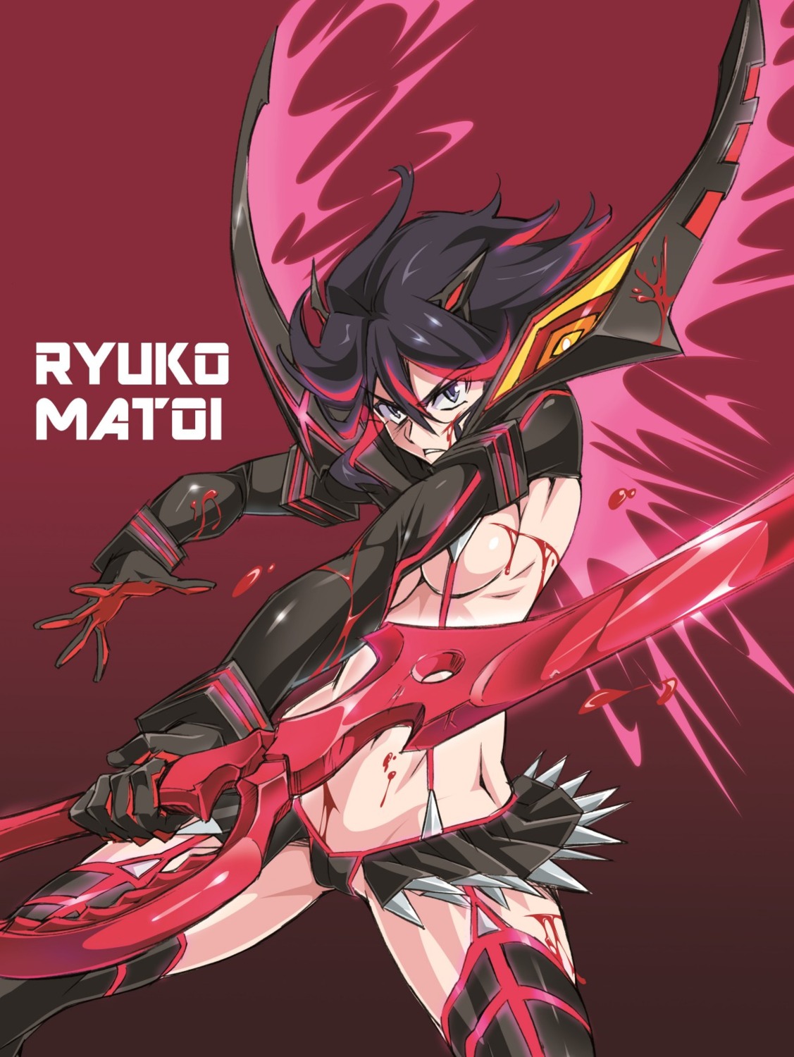 blood kill_la_kill matoi_ryuuko stockings suzutsuki_kurara sword thighhighs underboob