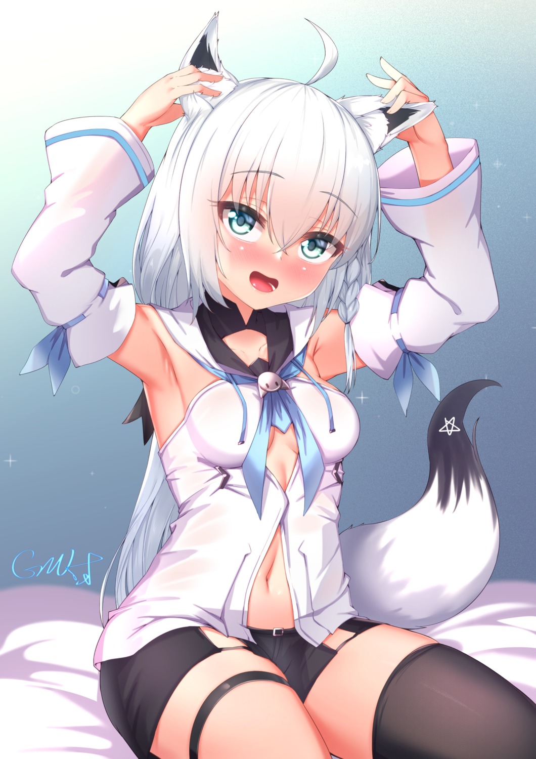 animal_ears cleavage garter gmkj hololive hololive_gamers kitsune no_bra shirakami_fubuki tail thighhighs