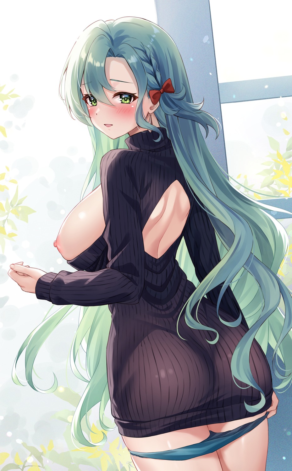 ass breasts chloe_(fire_emblem_engage) dress fire_emblem fire_emblem_engage no_bra pantsu panty_pull sebu_illust sweater