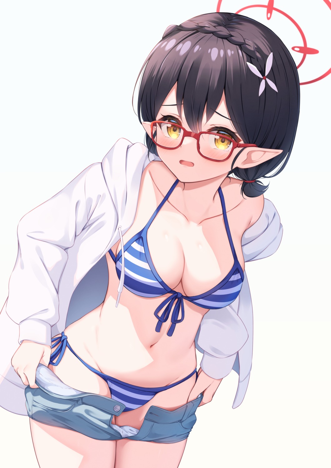 bikini blue_archive halo megane miso_(misomiso_154) okusora_ayane open_shirt pointy_ears swimsuits undressing