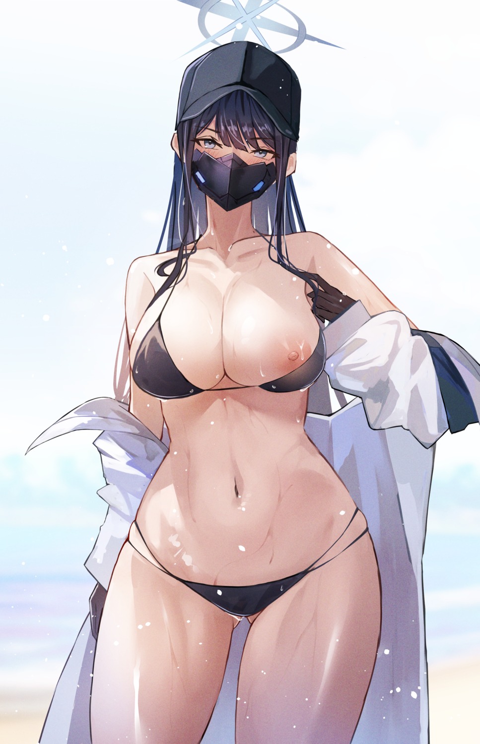 bikini blue_archive halo joumae_saori nipples open_shirt sea_nami swimsuits undressing wet