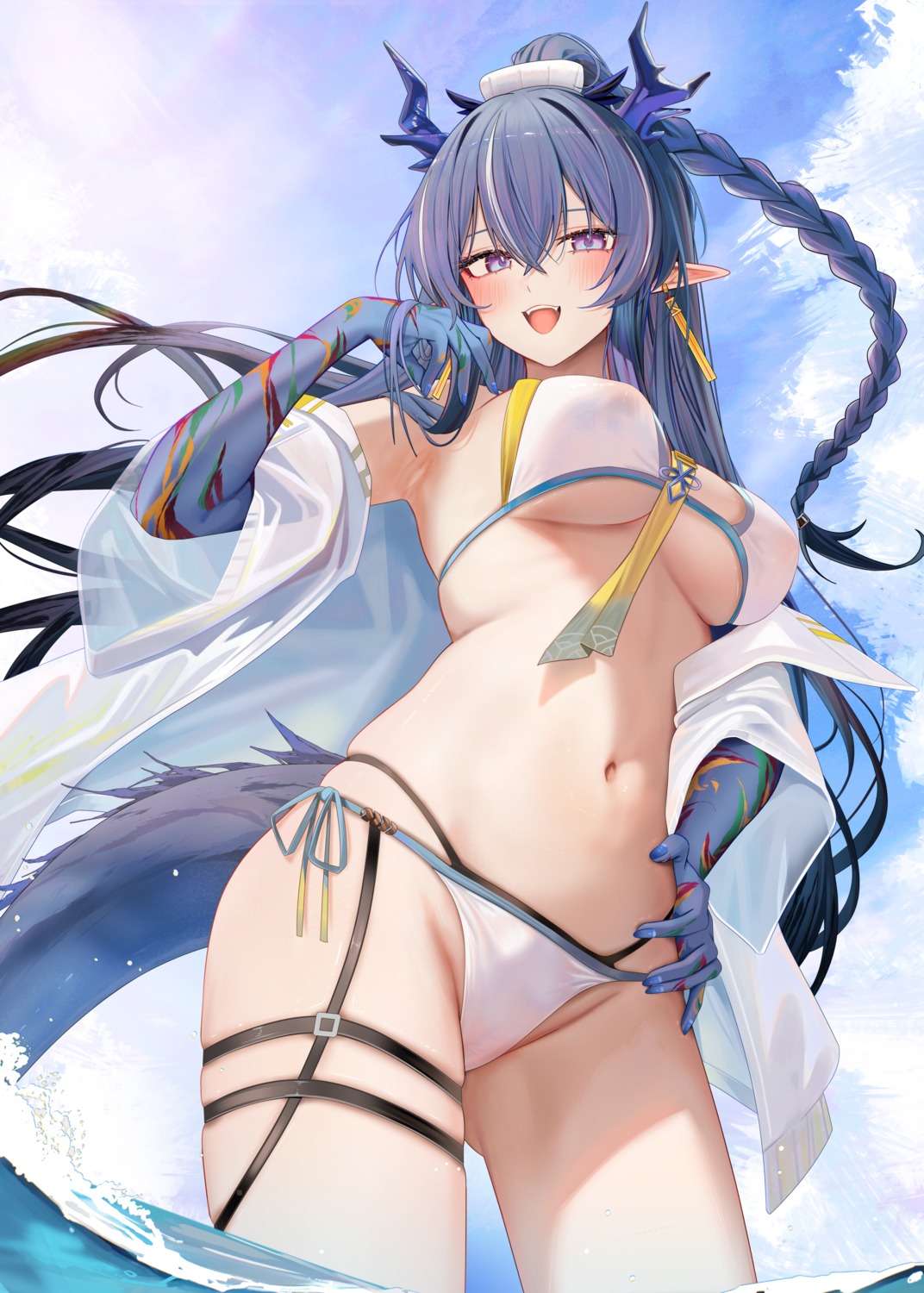 areola arknights bikini cameltoe garter horns ling_(arknights) open_shirt pointy_ears ru_zhai see_through swimsuits tail tattoo wet