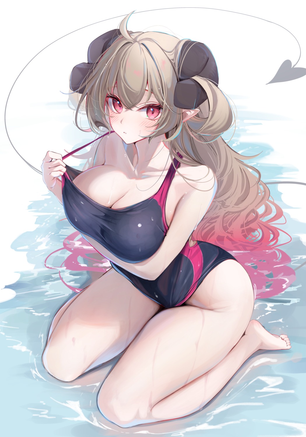 breast_hold devil horns komupi pointy_ears swimsuits tail undressing wet