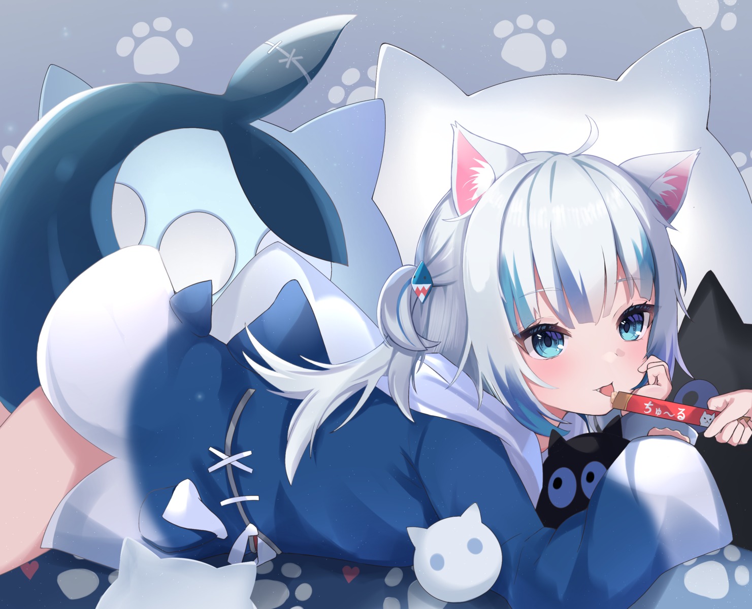 animal_ears gawr_gura hololive hololive_english nekomimi nekopurin_(nyanko_prin) tail