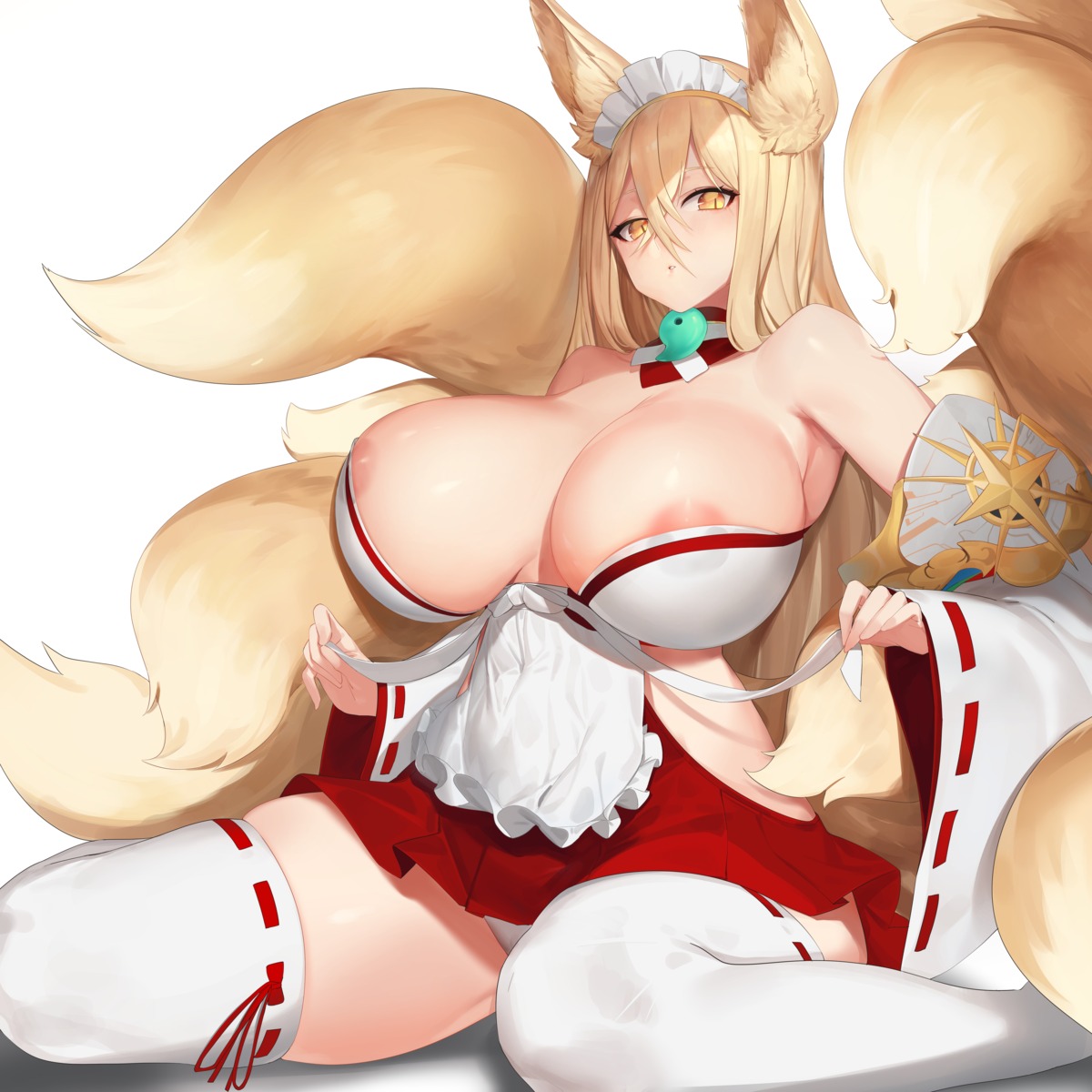 animal_ears areola heavenly_hirume jam_(nandade) kitsune last_origin miko no_bra pantsu skirt_lift tail thighhighs