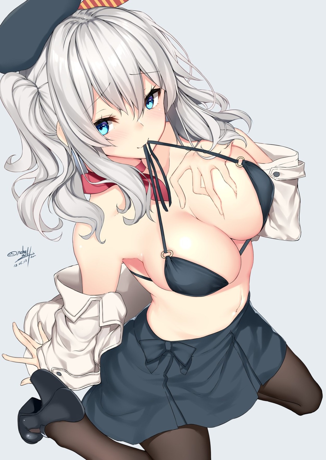 bra breast_hold cleavage heels kantai_collection kashima_(kancolle) nebusoku open_shirt pantyhose