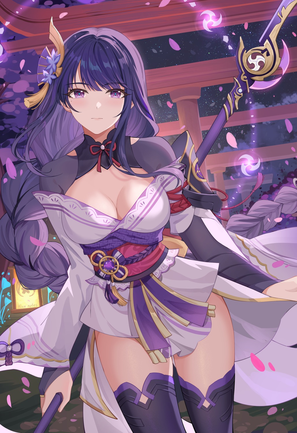 genshin_impact japanese_clothes lixiang_guo_alice no_bra open_shirt raiden_shogun thighhighs weapon