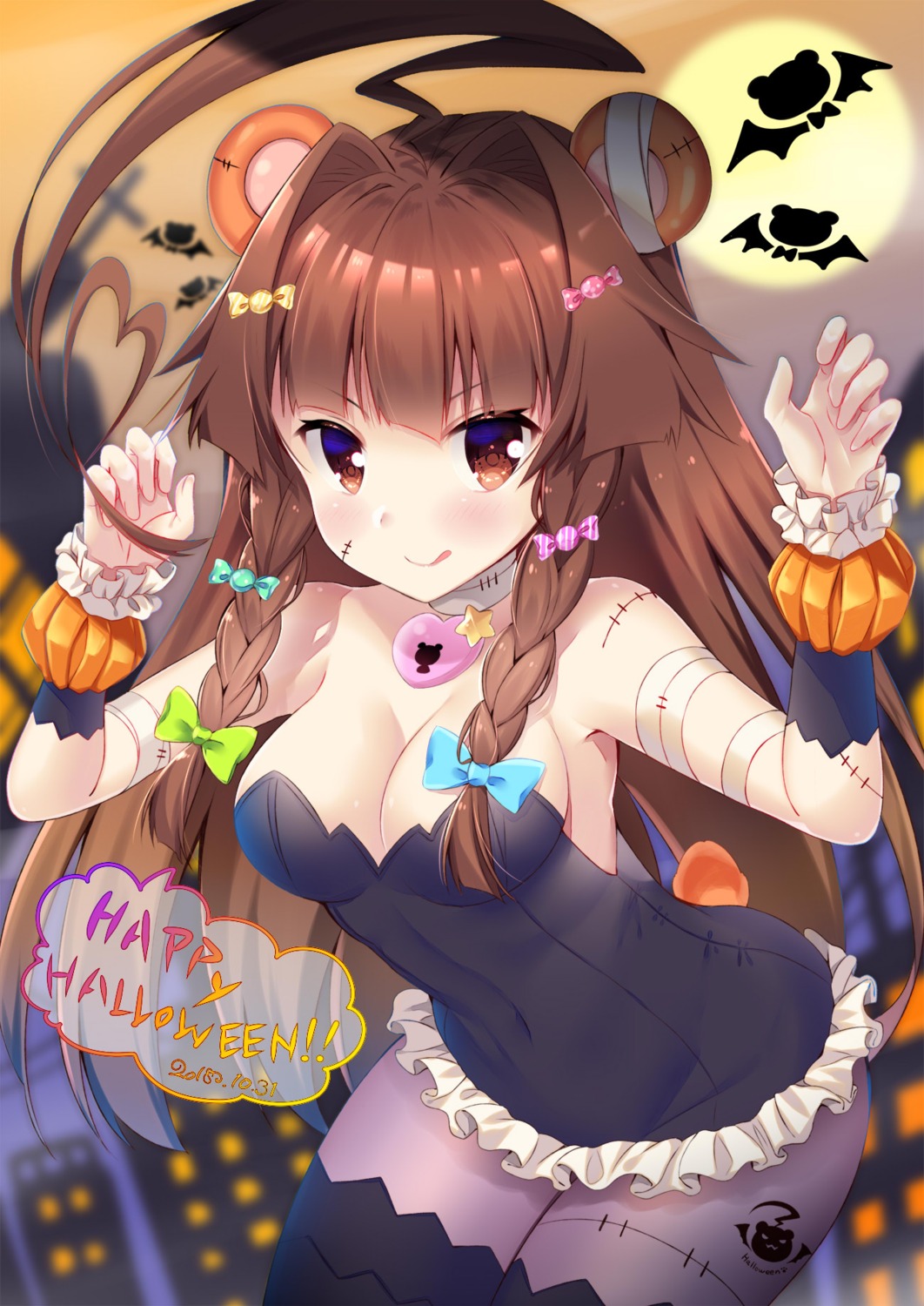 animal_ears bandages cleavage halloween kantai_collection ko_yu kuma_(kancolle) pantyhose tail thighhighs