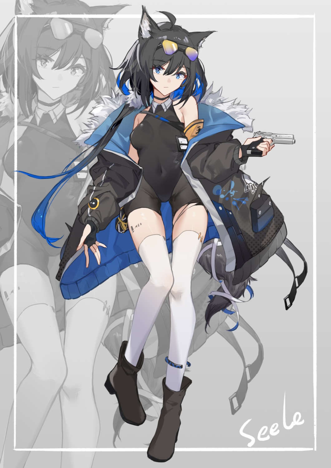 animal_ears benghuai_xueyuan bike_shorts gun honkai_impact kuo_(kuo114514) leotard megane seele_vollerei tail thighhighs torn_clothes