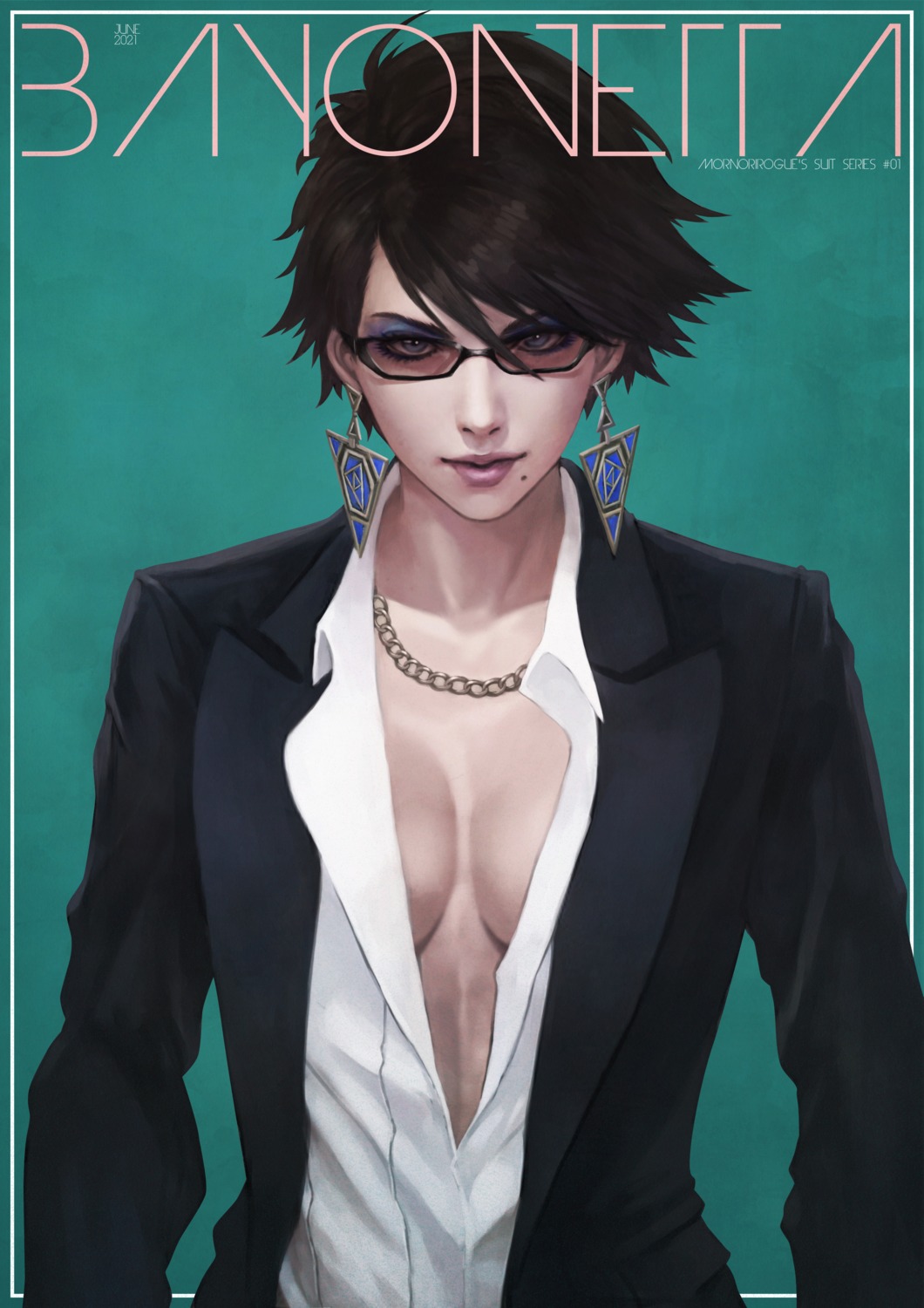 bayonetta bayonetta_(character) business_suit cleavage megane monori_rogue no_bra open_shirt