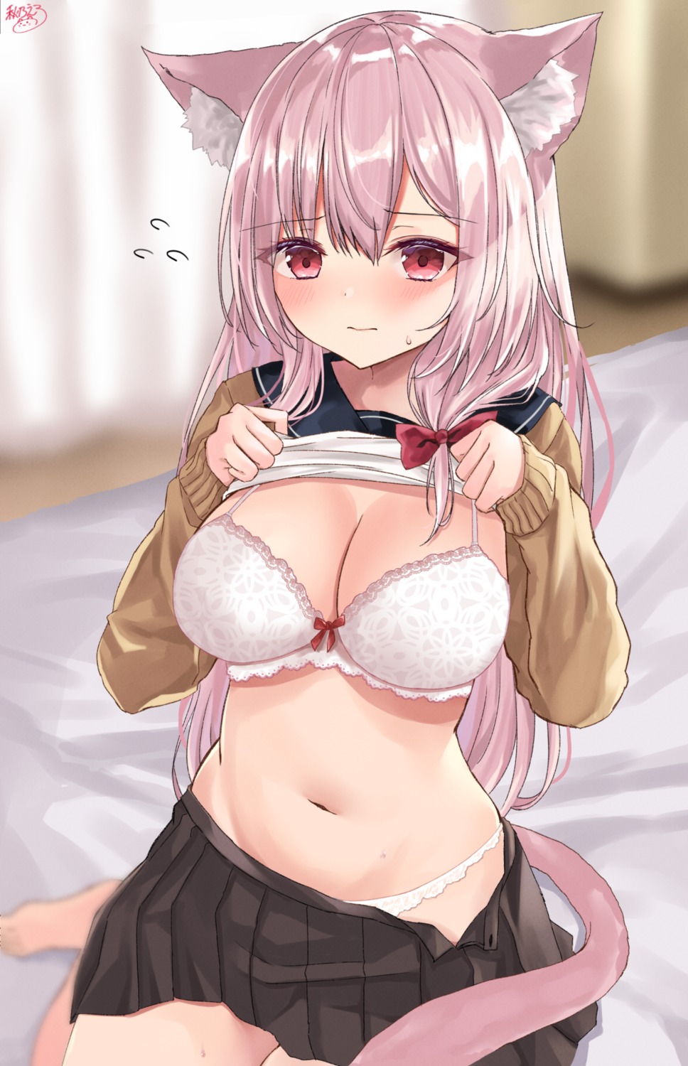 akino_ell animal_ears bra nekomimi seifuku shirt_lift sweater tail undressing