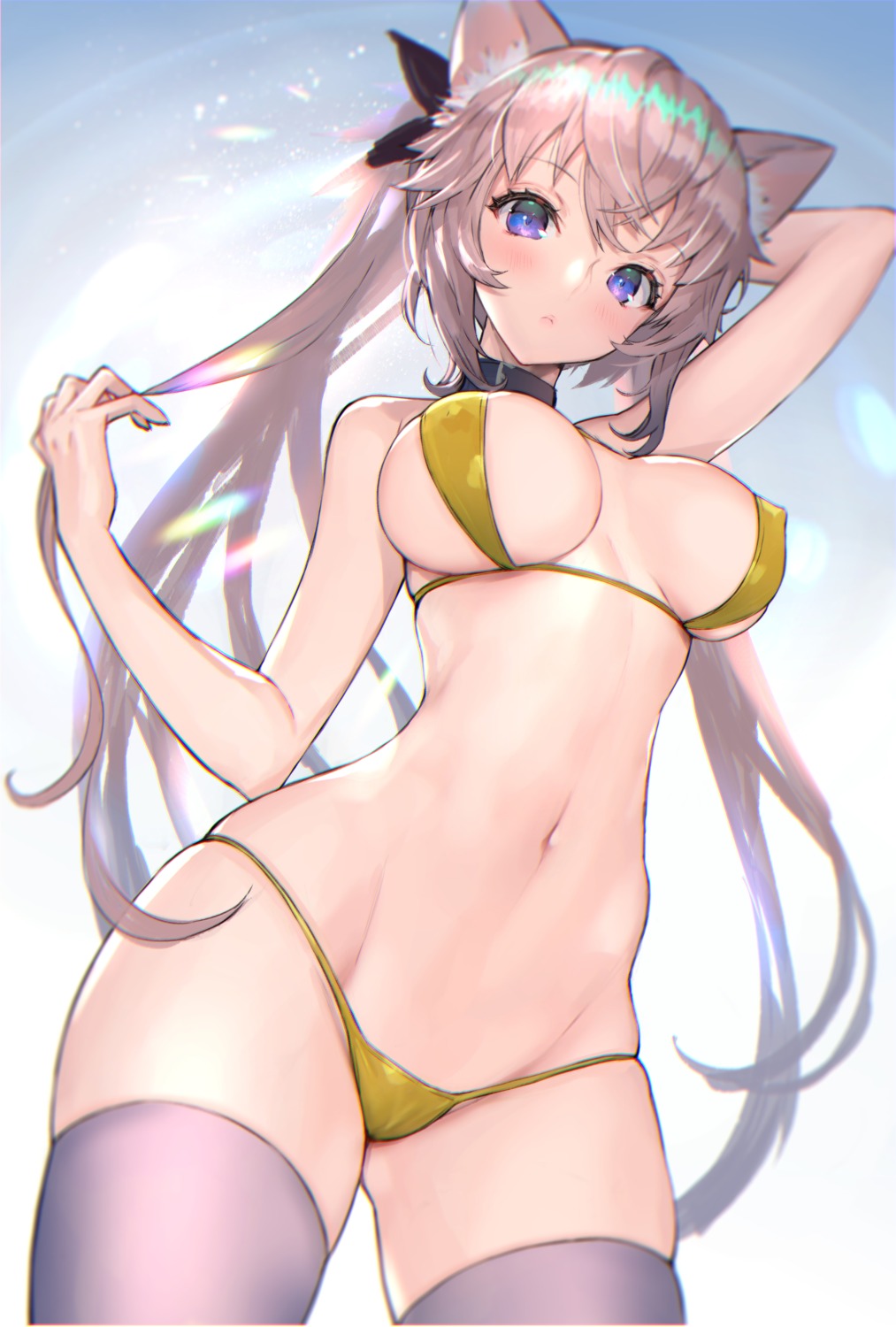 animal_ears bikini erect_nipples hitowa nekomimi swimsuits thighhighs