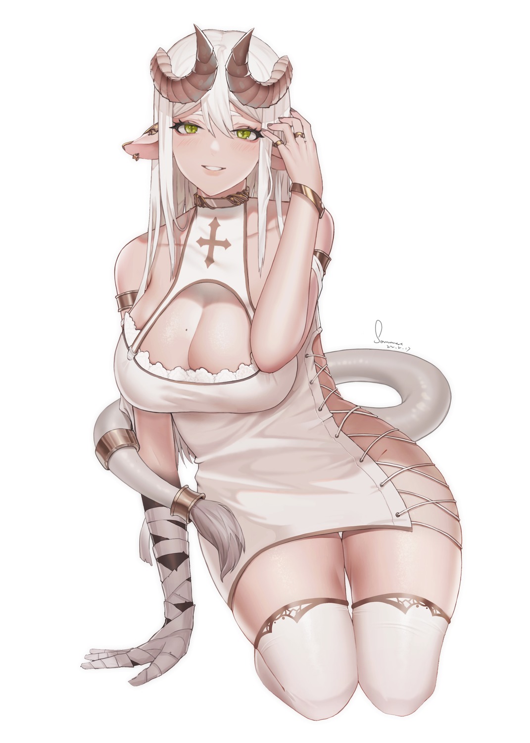 animal_ears bandages horns no_bra nopan pointy_ears somnuss tail thighhighs