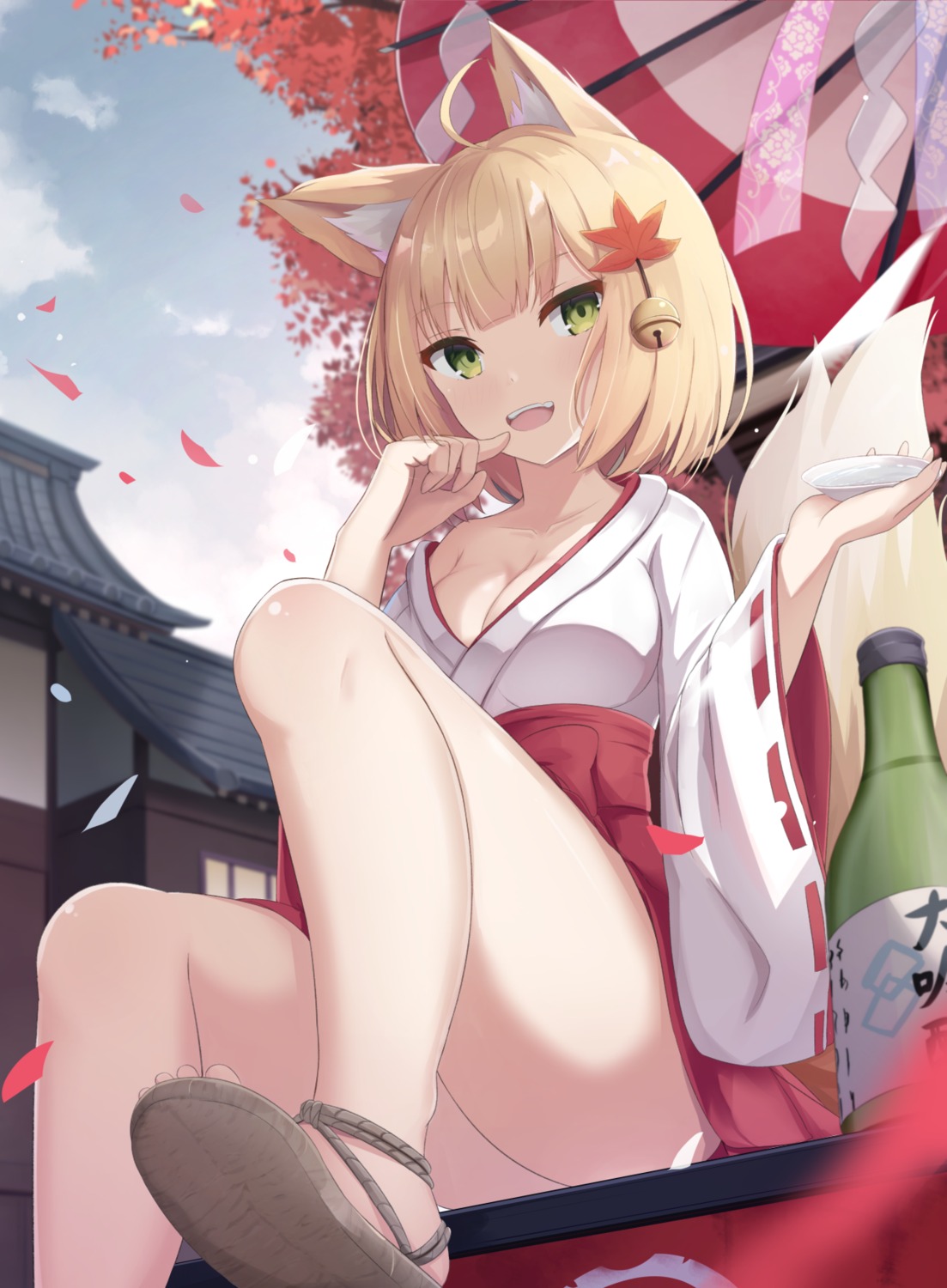 animal_ears kitsune miko no_bra open_shirt sake skirt_lift tail touhourh