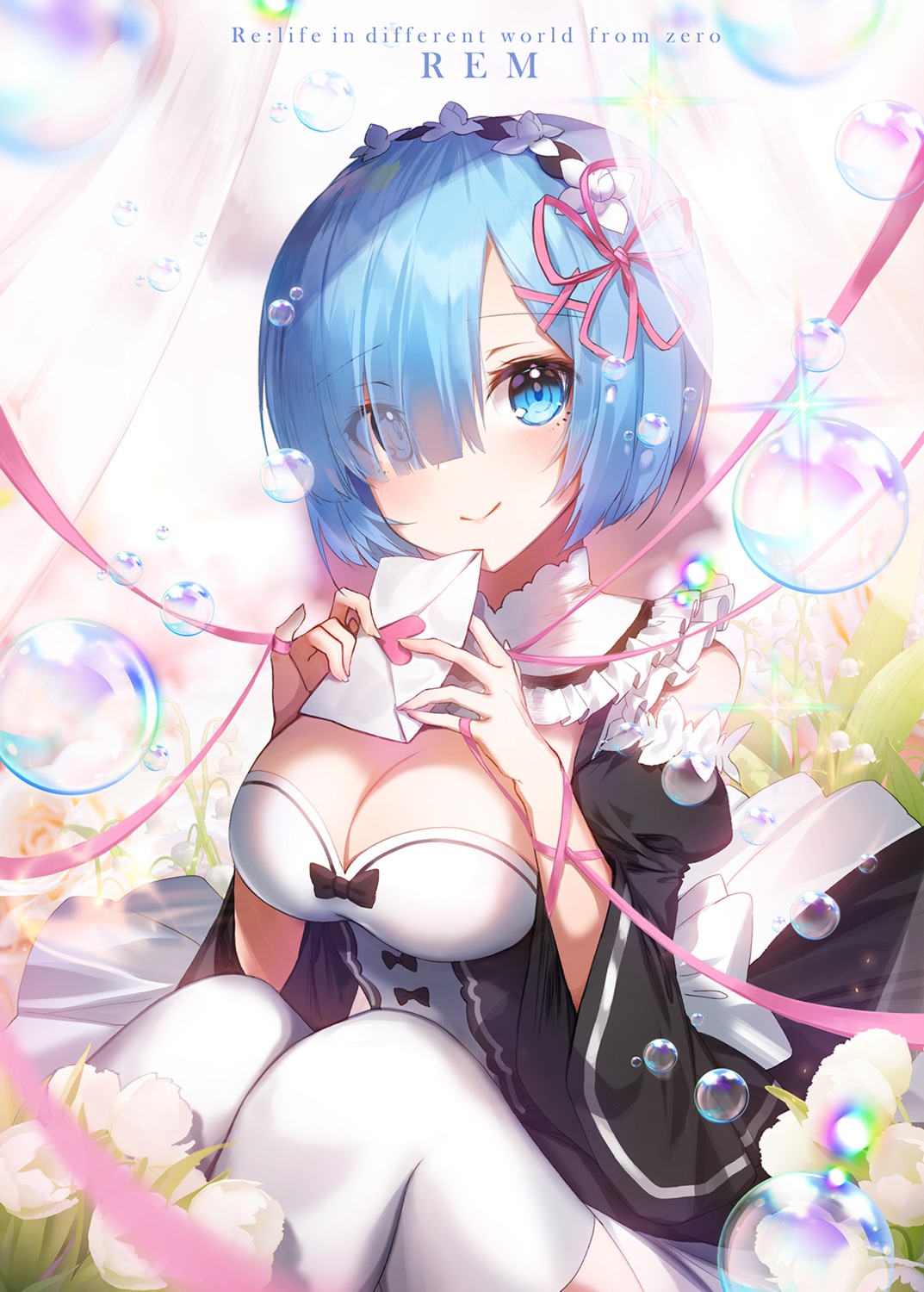 apple_caramel cleavage maid re_zero_kara_hajimeru_isekai_seikatsu rem_(re_zero) thighhighs