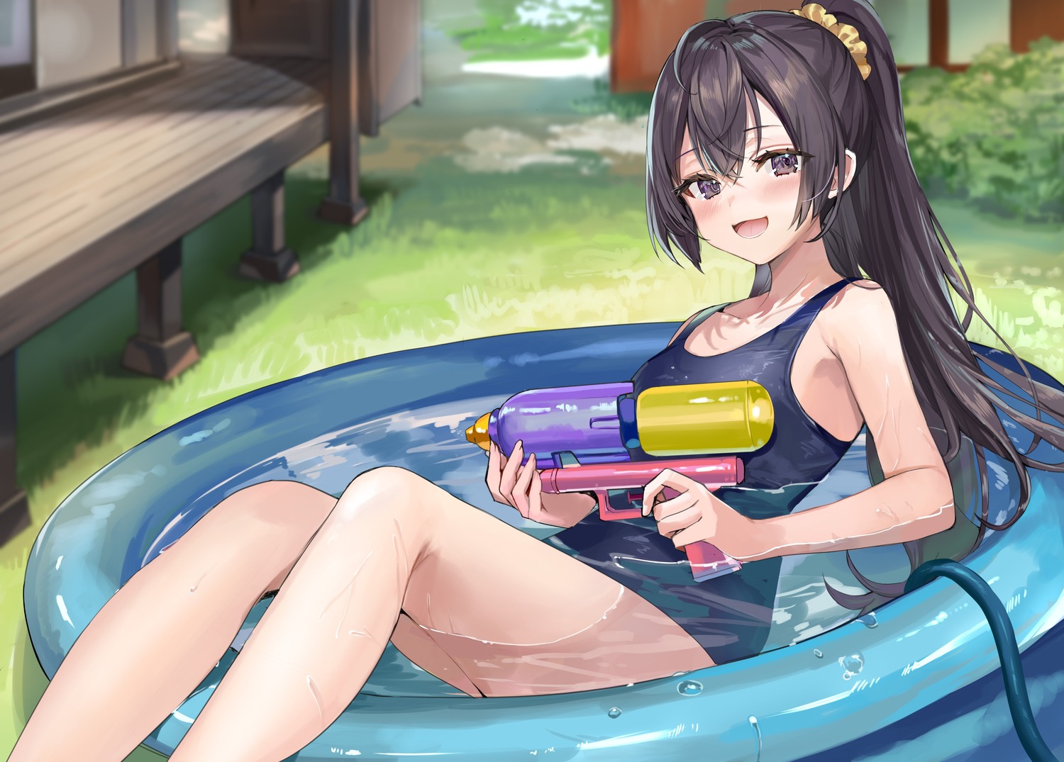 bathing detexted gun momoko_(momopoco) school_swimsuit suou_yuki swimsuits tokidoki_bosotto_roshia-go_de_dereru_tonari_no_alya-san wet