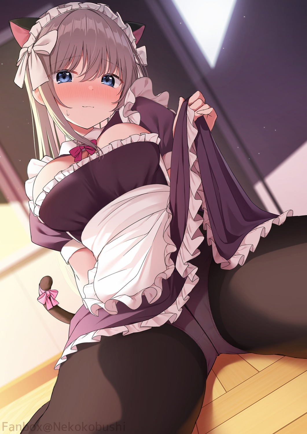 animal_ears maid nekokobushi nekomimi no_bra pantsu pantyhose skirt_lift tail