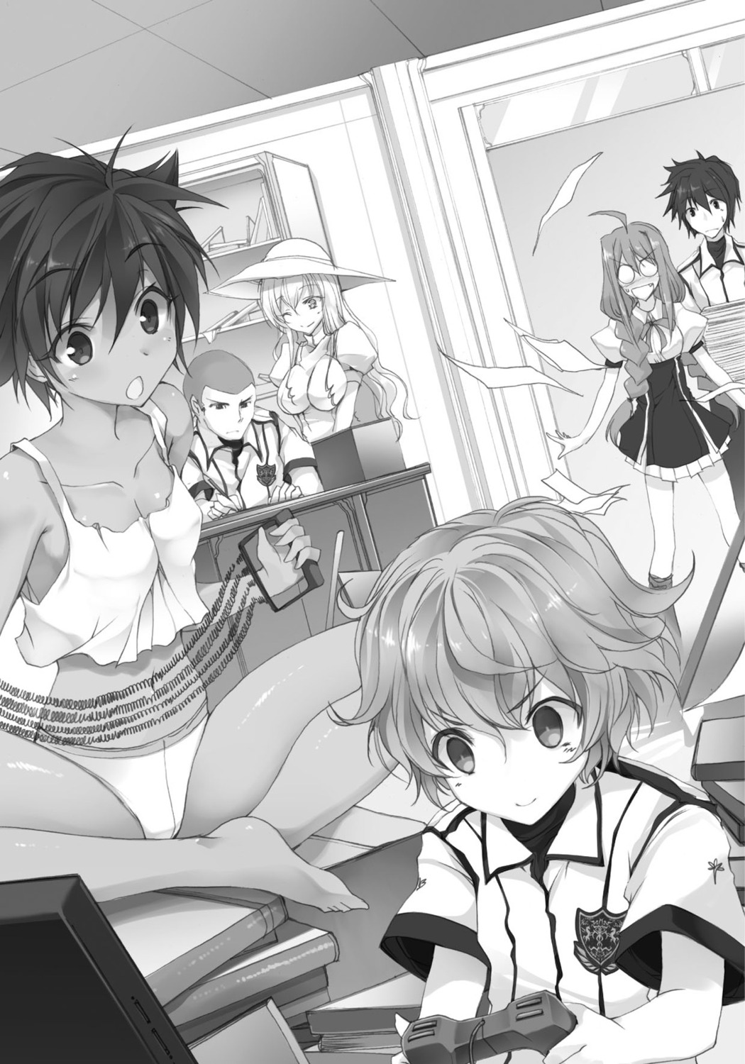 cleavage kurogane_ikki lingerie misogi_utakata monochrome pantsu rakudai_kishi_no_cavalry saijou_ikazuchi seifuku tomaru_renren totokubara_kanata toudou_touka won_(az_hybrid)