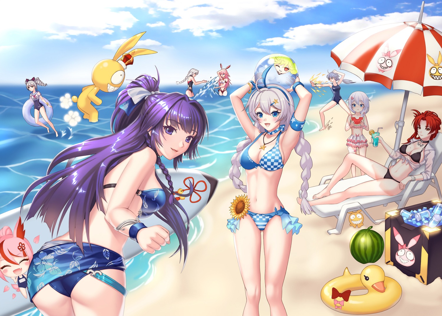 animal_ears ass benghuai_xueyuan bikini bronya_zaychik bunny_ears cleavage fu_hua honkai_impact kallen_kaslana kiana_kaslana murata_himeko open_shirt raiden_mei school_swimsuit swimsuits theresa_apocalypse turna98 wet yae_sakura_(benghuai_xueyuan)