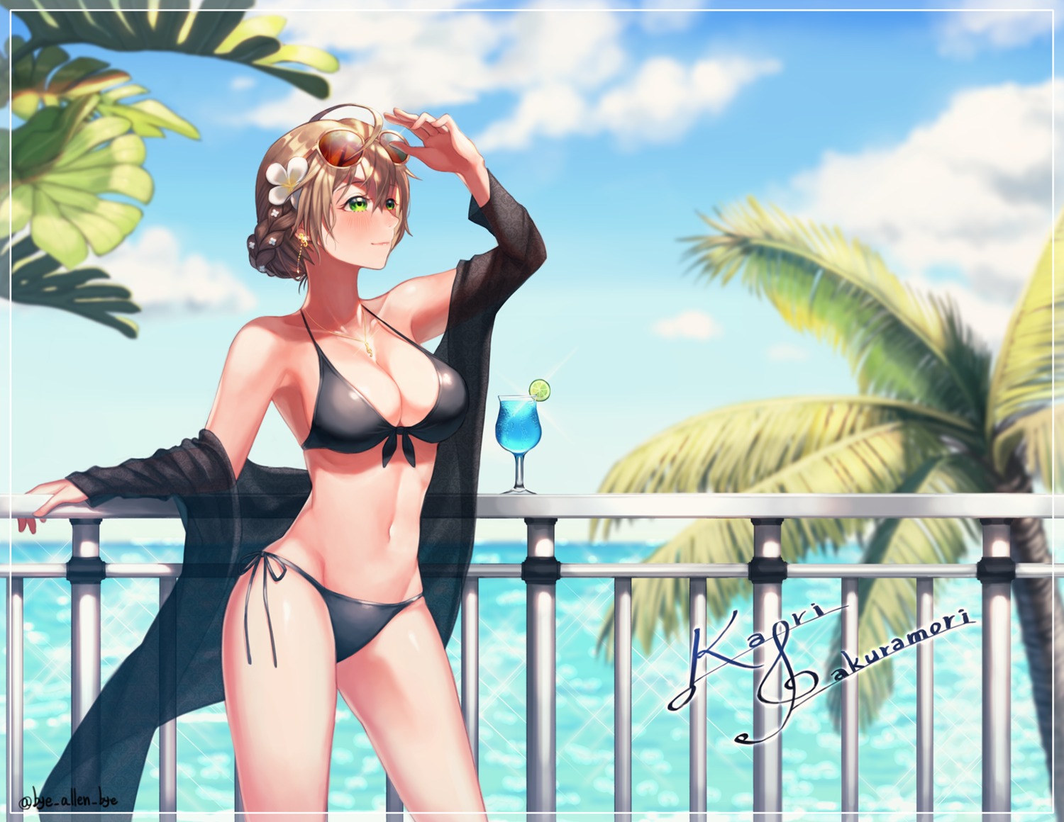 bikini bye_allen_bye cleavage megane open_shirt sakuramori_kaori see_through swimsuits the_idolm@ster the_idolm@ster_million_live! the_idolm@ster_million_live!_theater_days