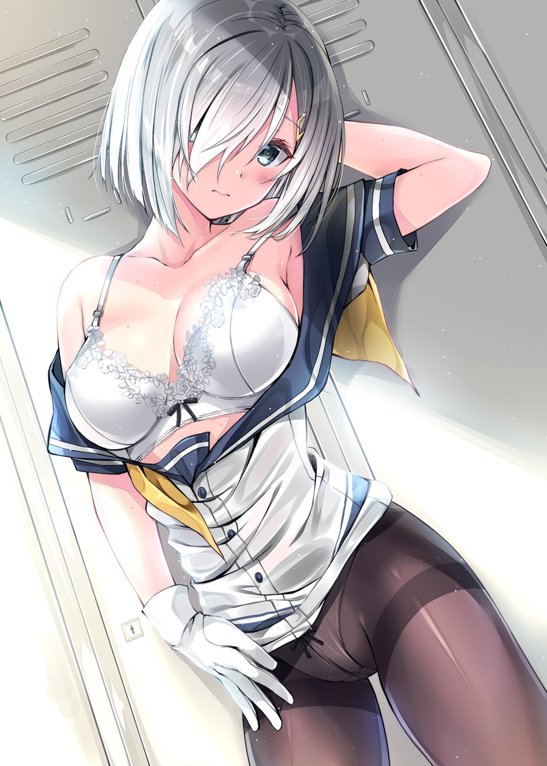 bra cleavage hamakaze_(kancolle) kantai_collection kobayashi_chisato open_shirt pantsu pantyhose seifuku