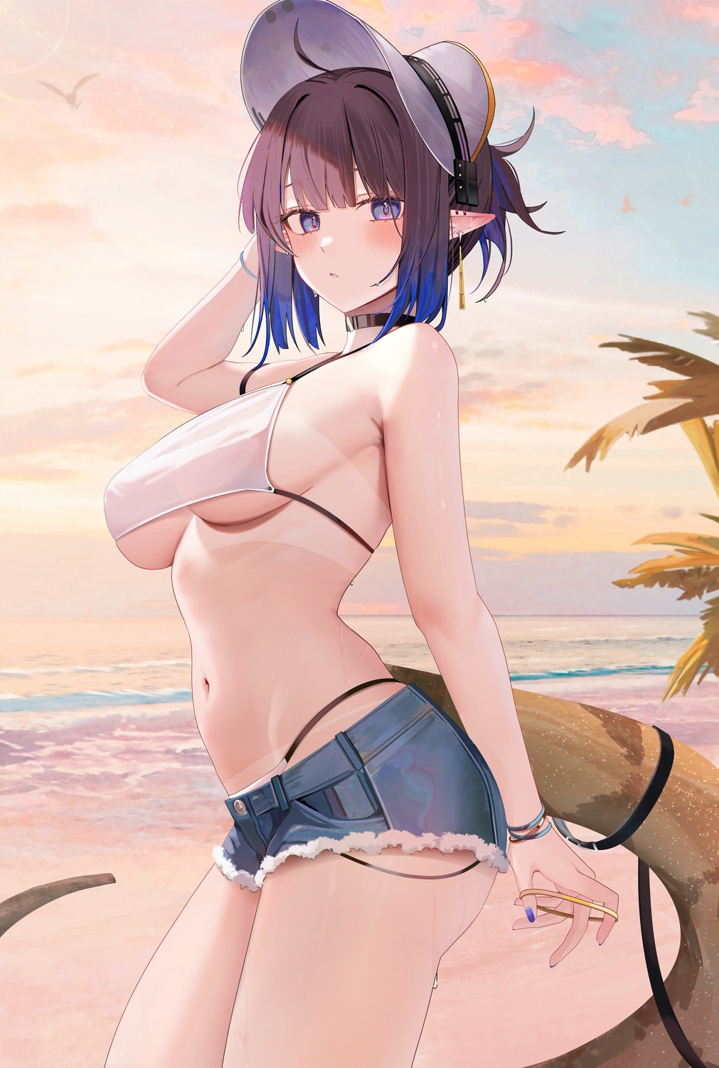 arknights bikini_top eunectes_(arknights) pointy_ears ru_zhai swimsuits tail tan_lines