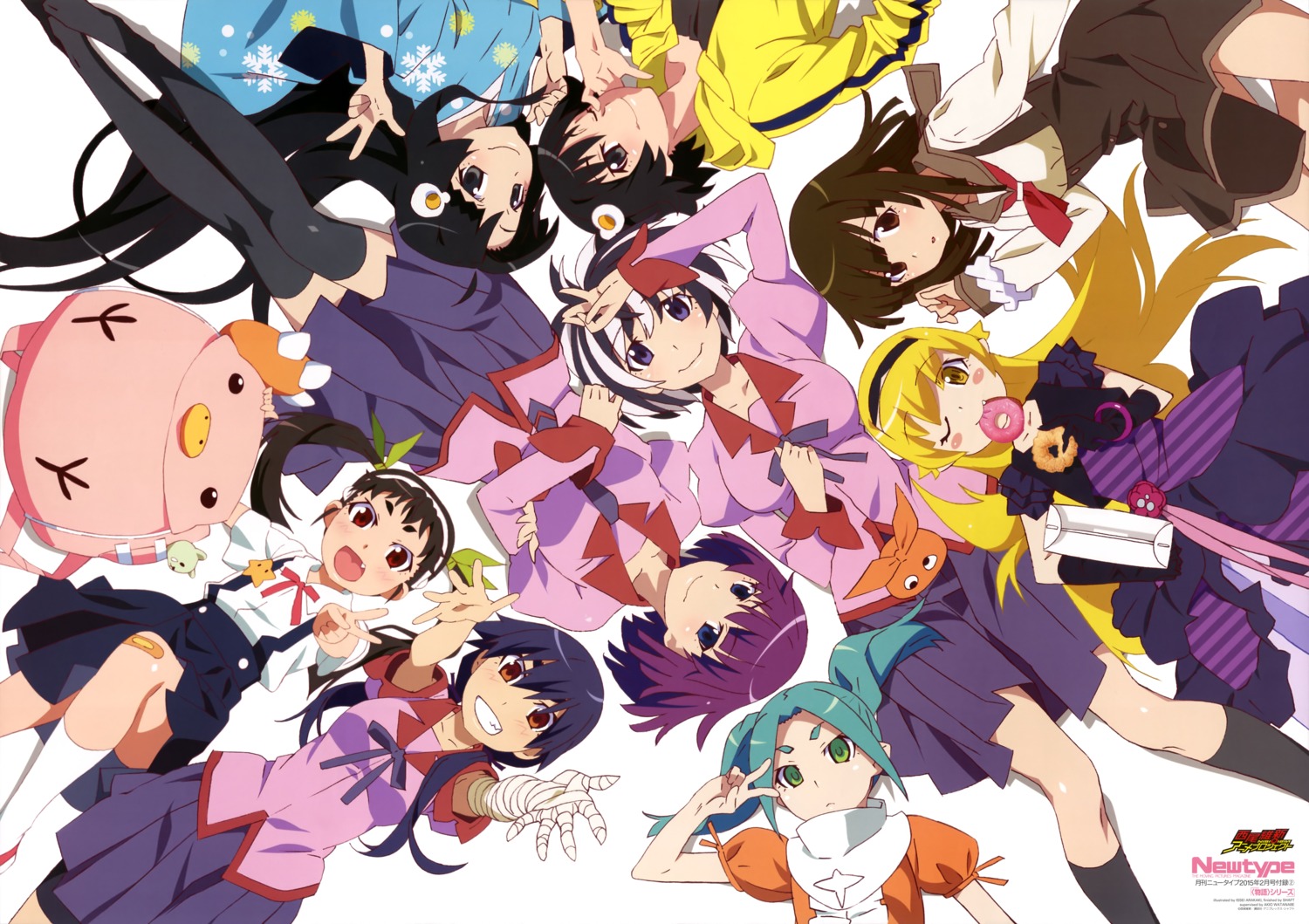 araragi_karen araragi_tsukihi bakemonogatari bandages bandaid dress hachikuji_mayoi hanekawa_tsubasa kanbaru_suruga niigaki_kazunari ononoki_yotsugi oshino_shinobu seifuku sengoku_nadeko senjougahara_hitagi thighhighs yukata