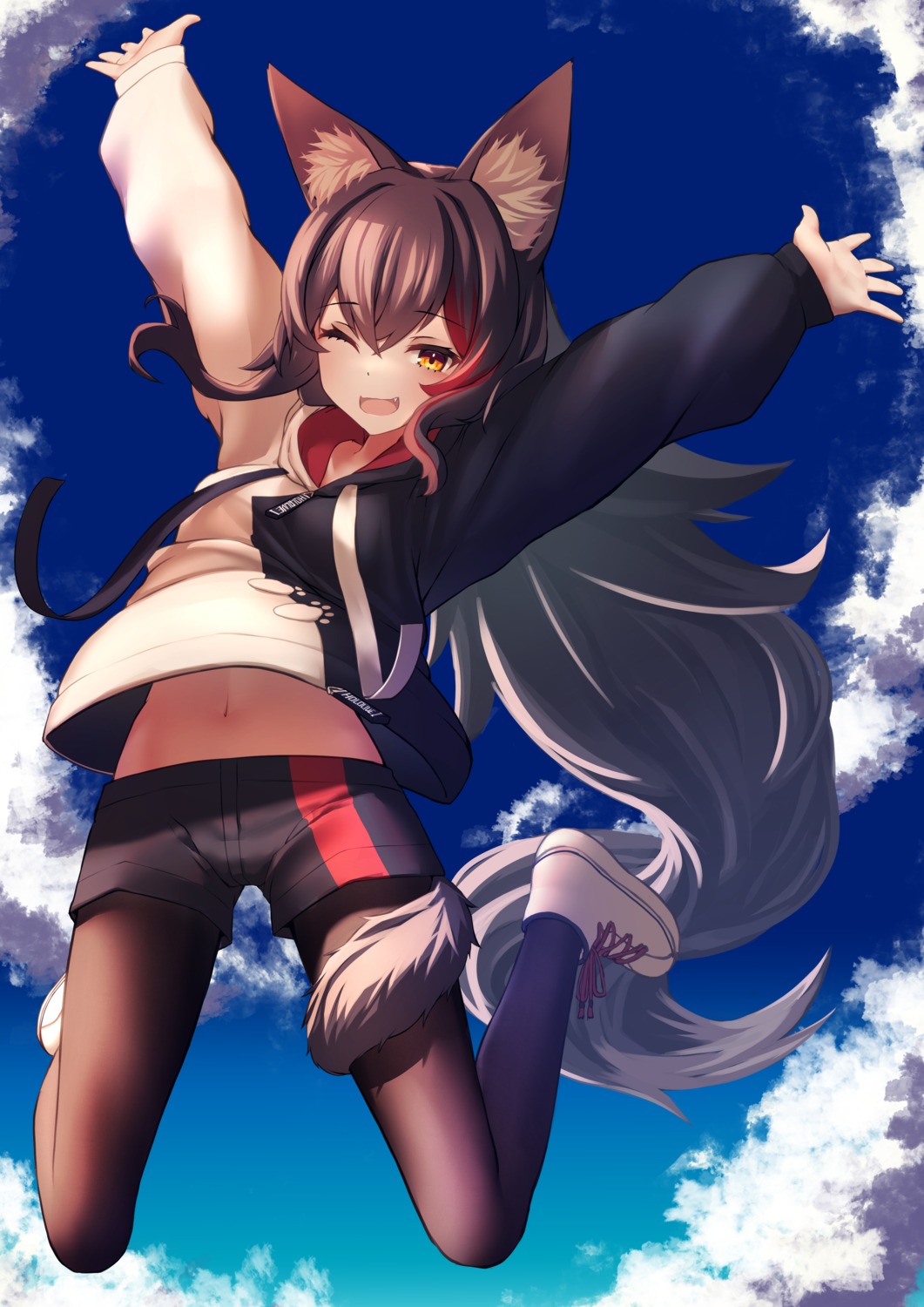 animal_ears hololive hololive_gamers inaba_teitoku ookami_mio pantyhose shirt_lift tail