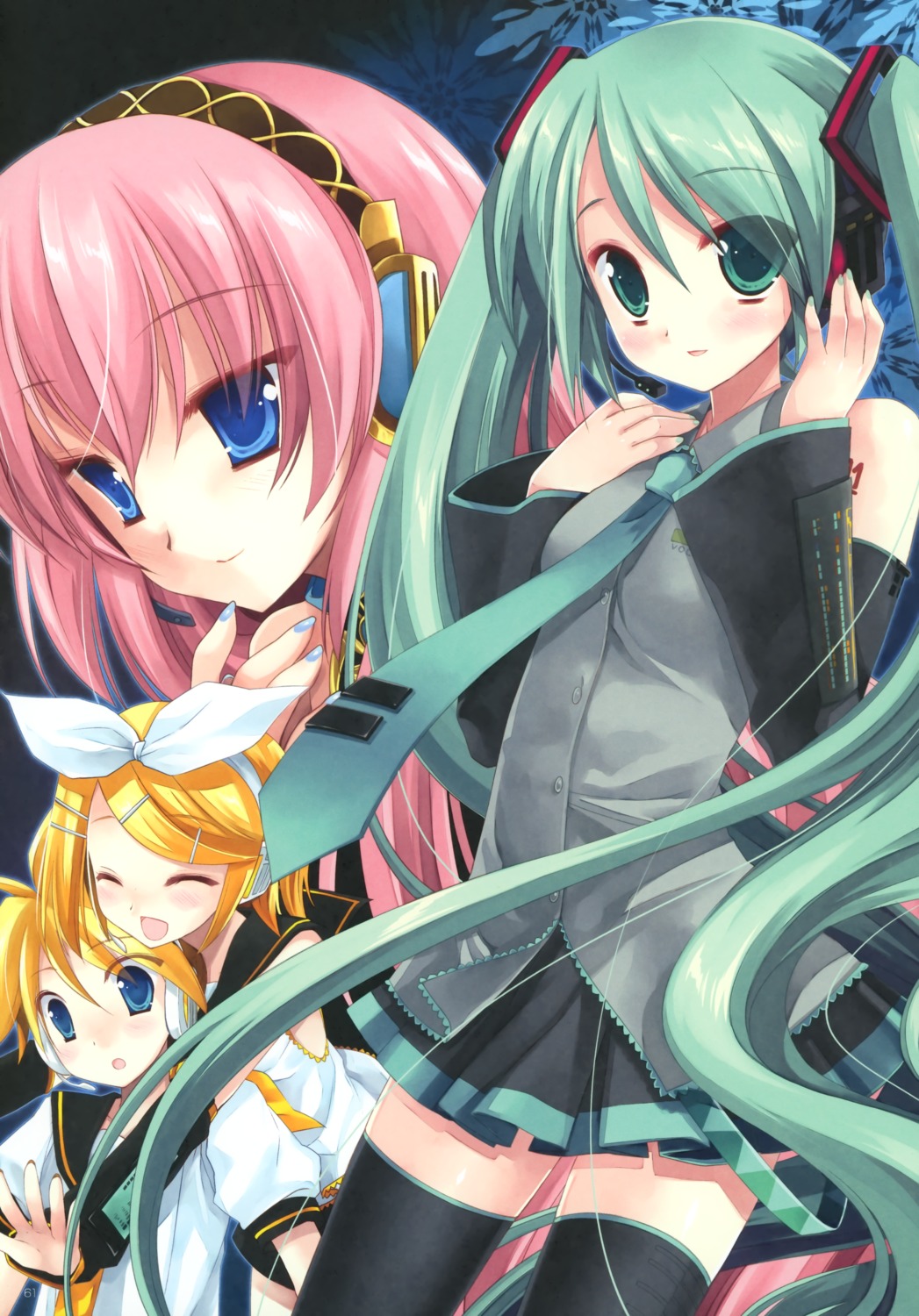 d.n.a.lab hatsune_miku kagamine_len kagamine_rin megurine_luka miyasu_risa paper_texture thighhighs vocaloid