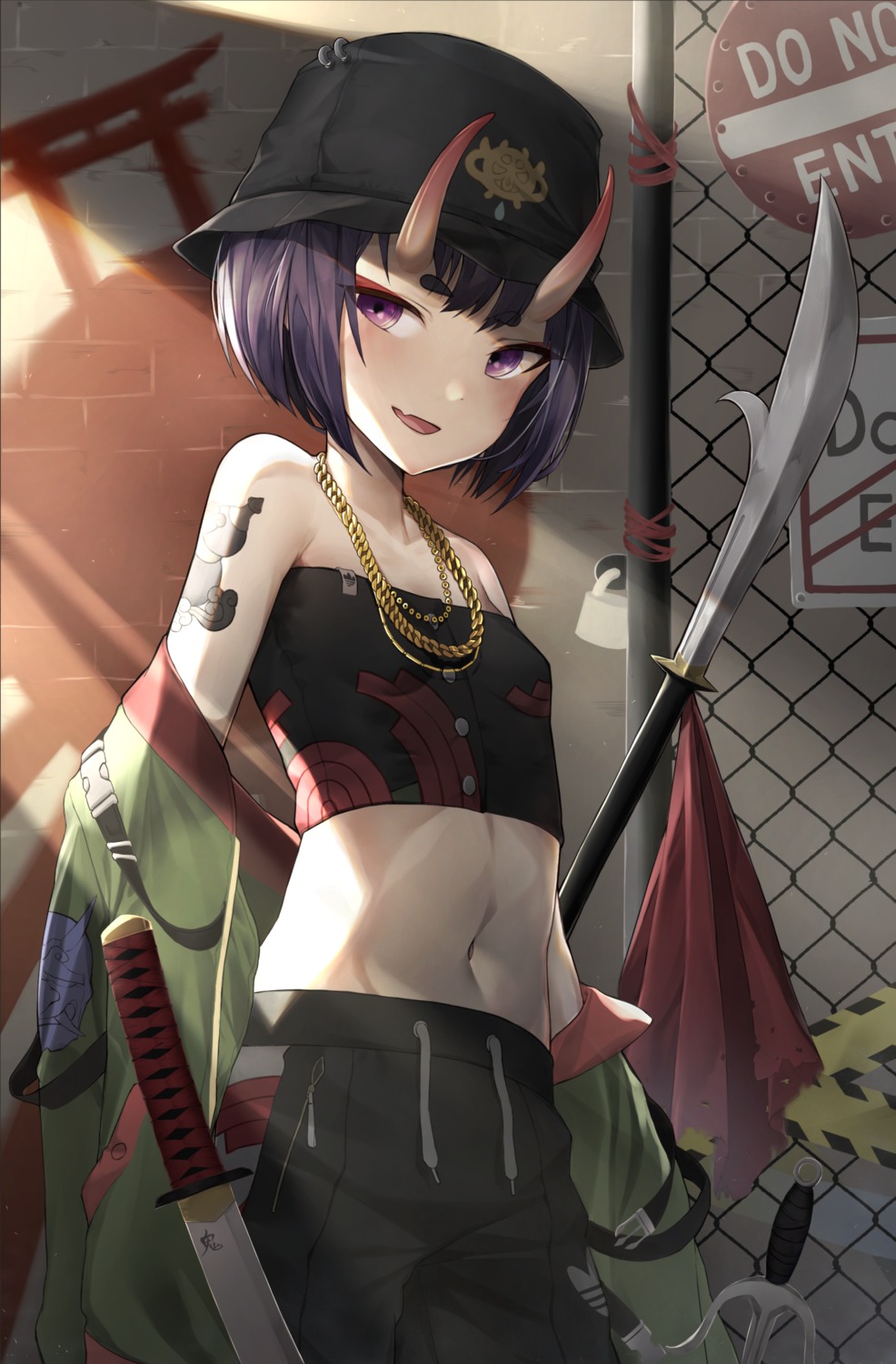 fate/grand_order horns jun-ya shuten_douji_(fate/grand_order) sword tattoo weapon