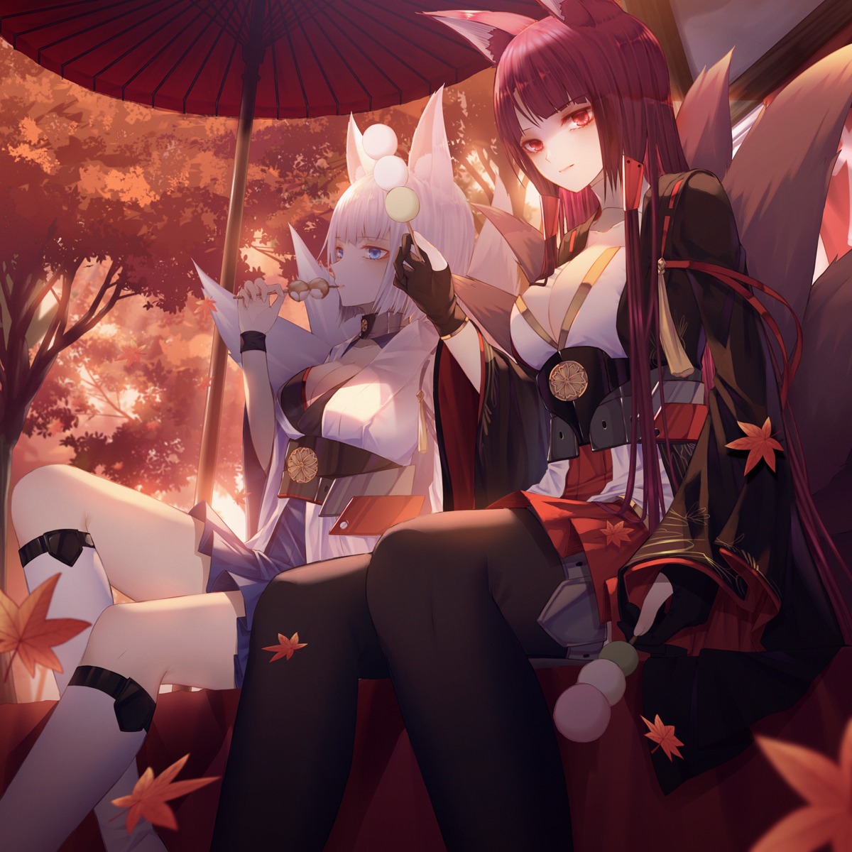 akagi_(azur_lane) animal_ears azur_lane cleavage kaga_(azur_lane) kancell kitsune tail thighhighs