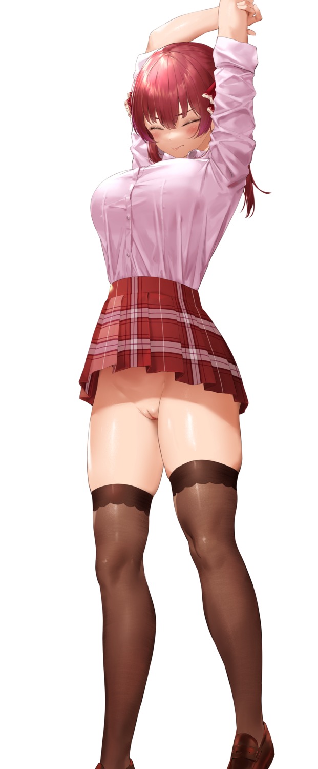 hololive houshou_marine kuroi_suna nopan pussy seifuku skirt_lift thighhighs uncensored