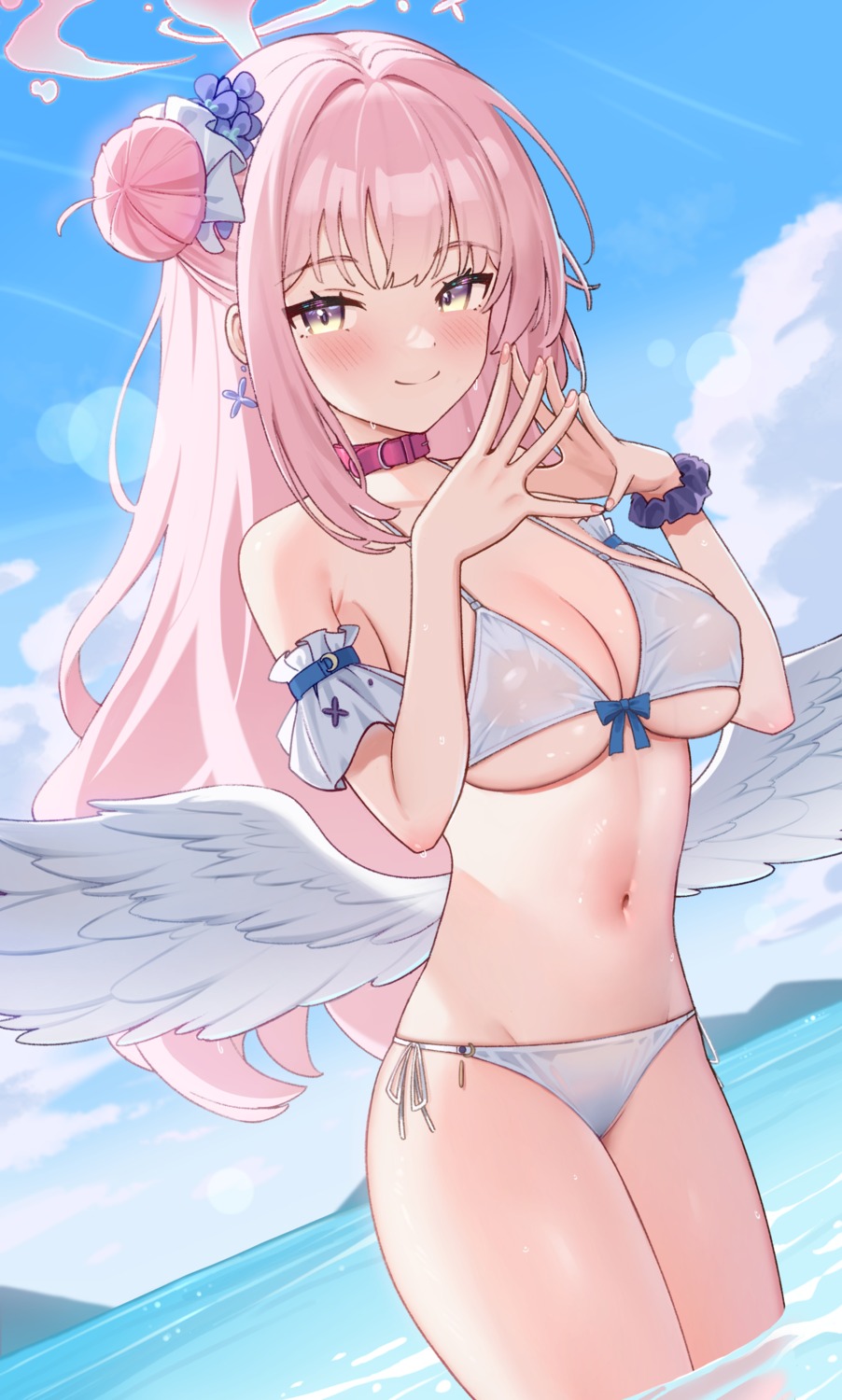 angel bikini blue_archive jinmuxi_(user_pvha4443) misono_mika see_through swimsuits wet wet_clothes wings