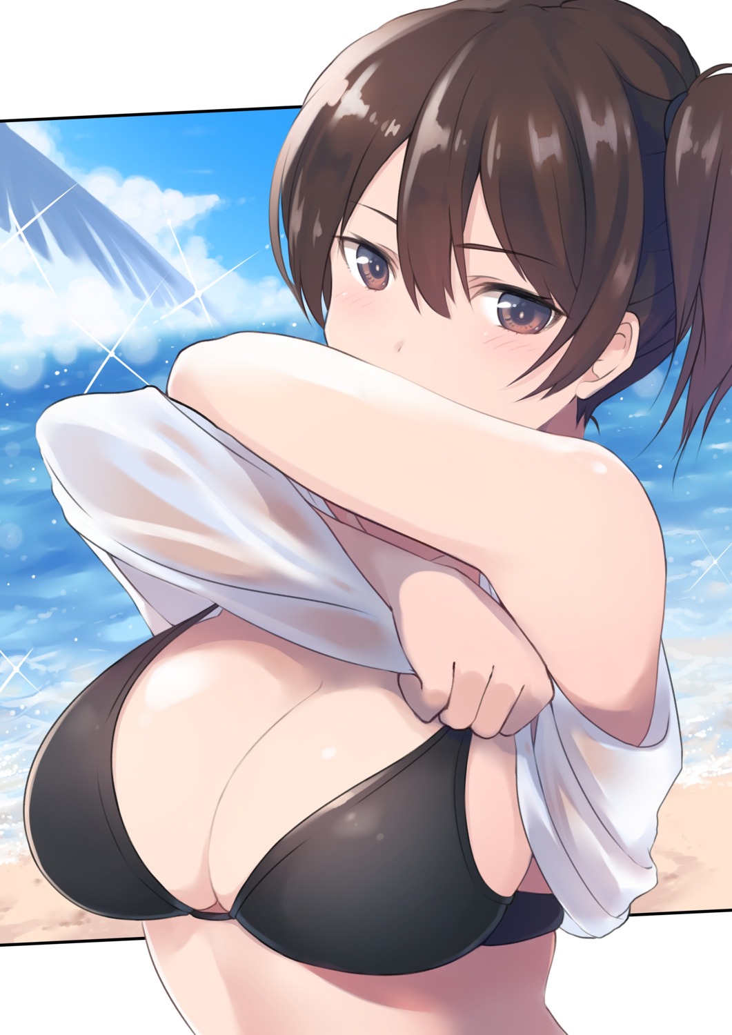 bikini_top dyson_(edaokunnsaikouya) kaga_(kancolle) kantai_collection see_through shirt_lift swimsuits undressing