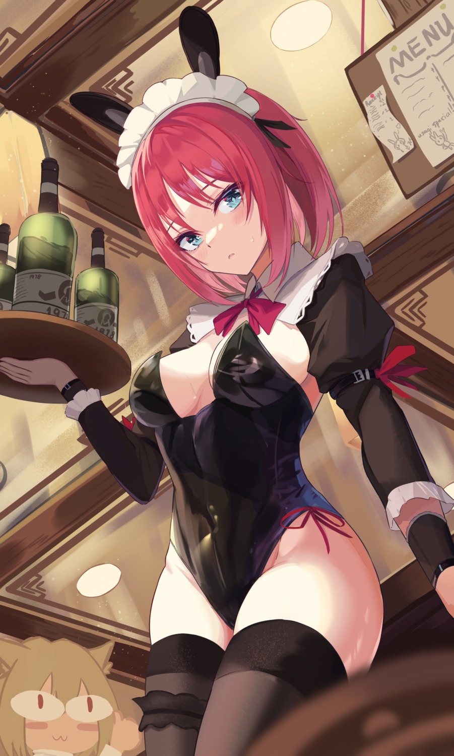 animal_ears bunny_ears bunny_girl garter hisui kitabana maid no_bra thighhighs tsukihime waitress